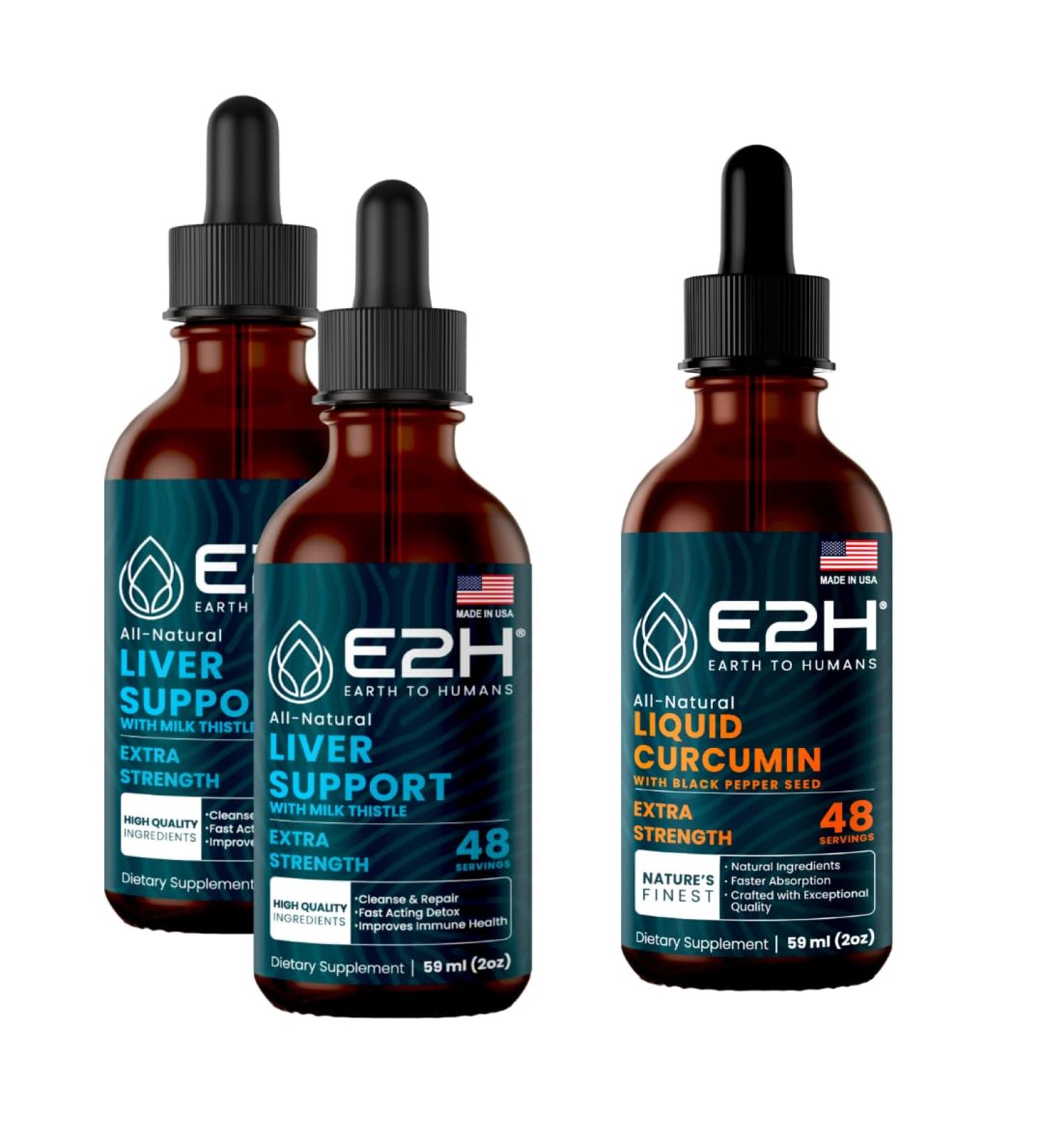 E2H: Liver Support Supplement (2 Pack - 4 Fl Oz) and Liquid Turmeric Curcumin (Single Bottle - 2 Fl Oz) | Vegan Non-GMO - (6 Fl Oz Total) - Bundle - Buy Online on GoSupps.com