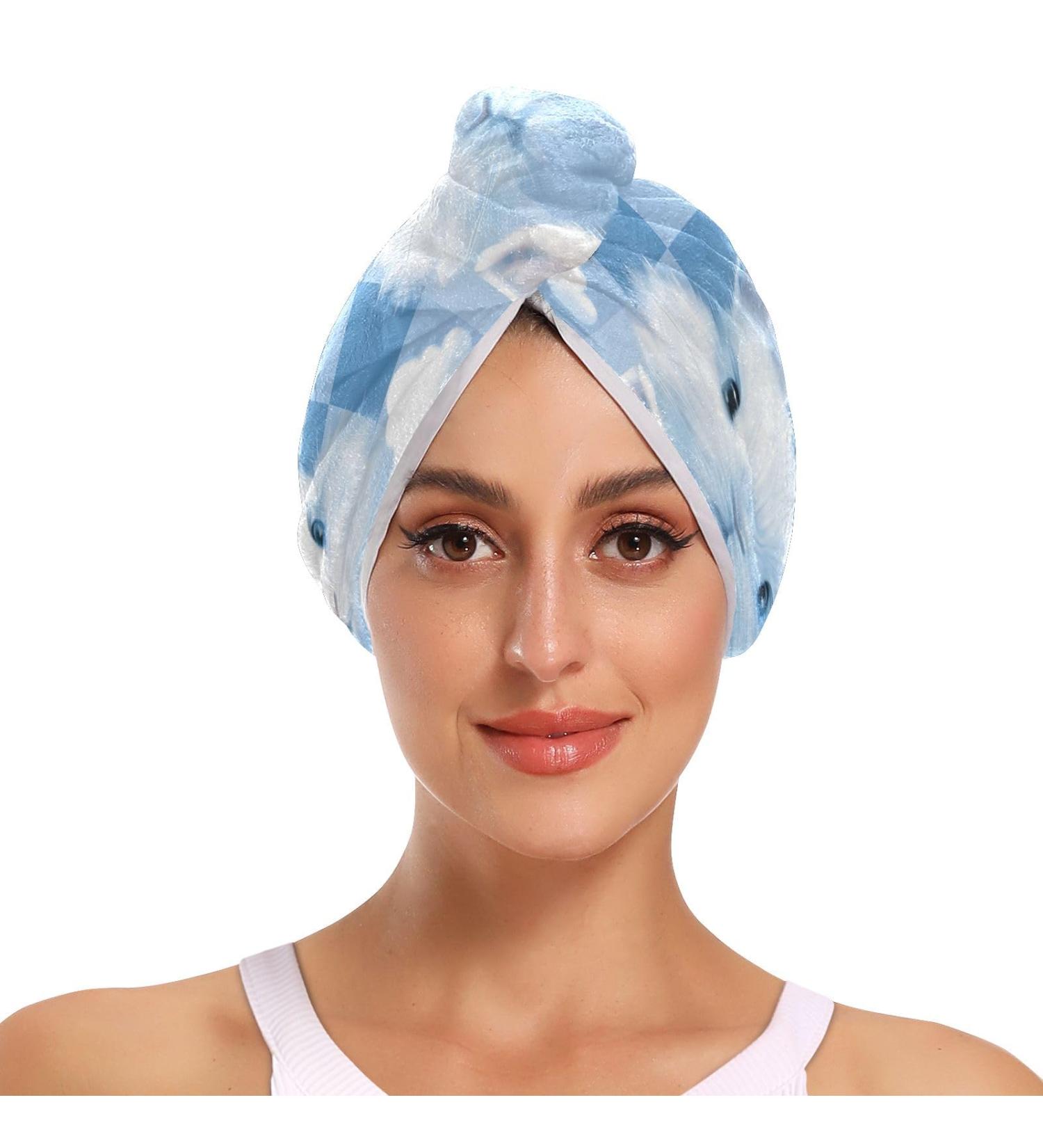 Rabbits Blue Plaid Hair Towel 2 Pack - Super Absorbent Quick Dry Hair Turbans for Women & Girls - Buy Online on GoSupps.com