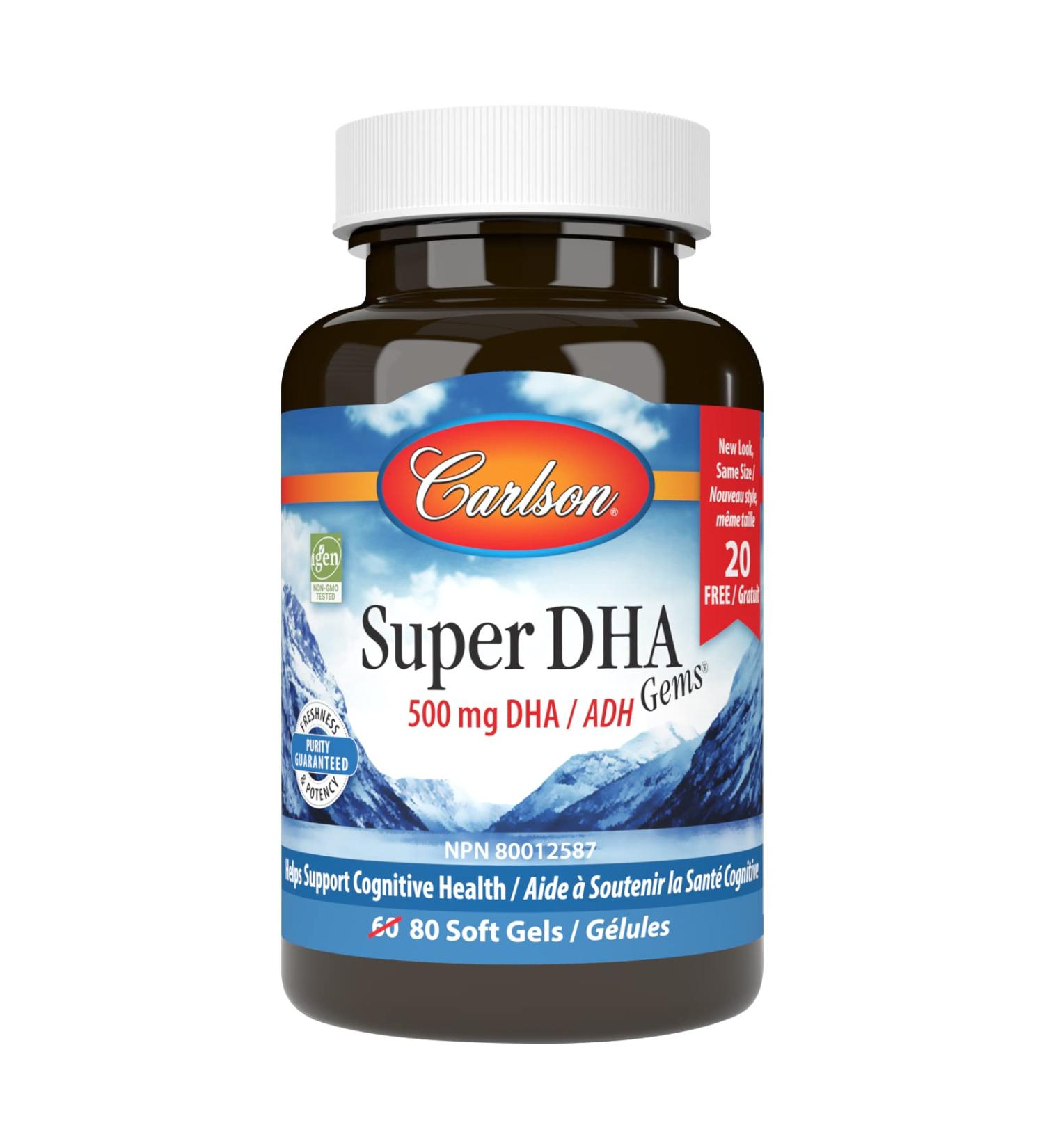 Carlson - Super DHA Gems 500 mg DHA Supplements 640 mg Fatty Acids Wild-Caught Norwegian Arctic Fish Oil Concentrate Sustainably Sourced Nordic Fish Oil Capsules 60+20 Softgels Unflavored 60 + 20 Soft Gels
