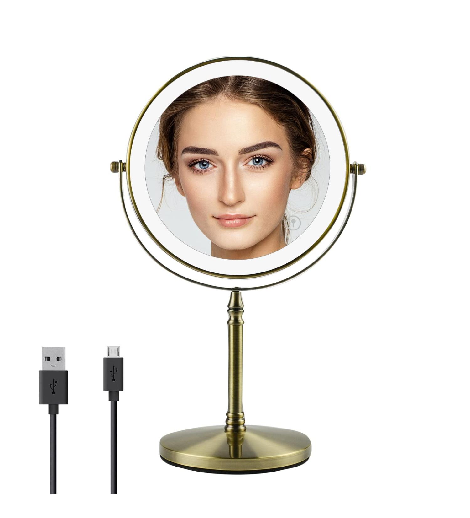 Nicesail Rechargeable Makeup Mirror with 7X Magnification | 3 Color Lighting | Adjustable Brightness | 360 Rotation | Double Sided | Antique Bronze - 8 Inch - Buy Online on GoSupps.com