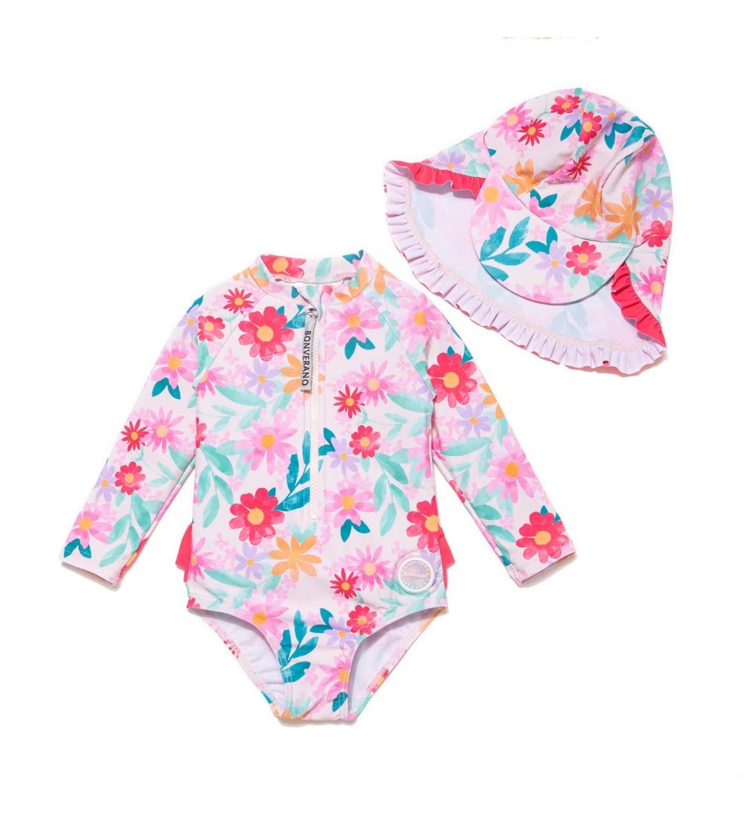 BONVERANO Baby Girls Long-Sleeve Zipper Swimsuit | UPF 50+ Sun Protection | 6-9 Months Flower - Buy Online on GoSupps.com