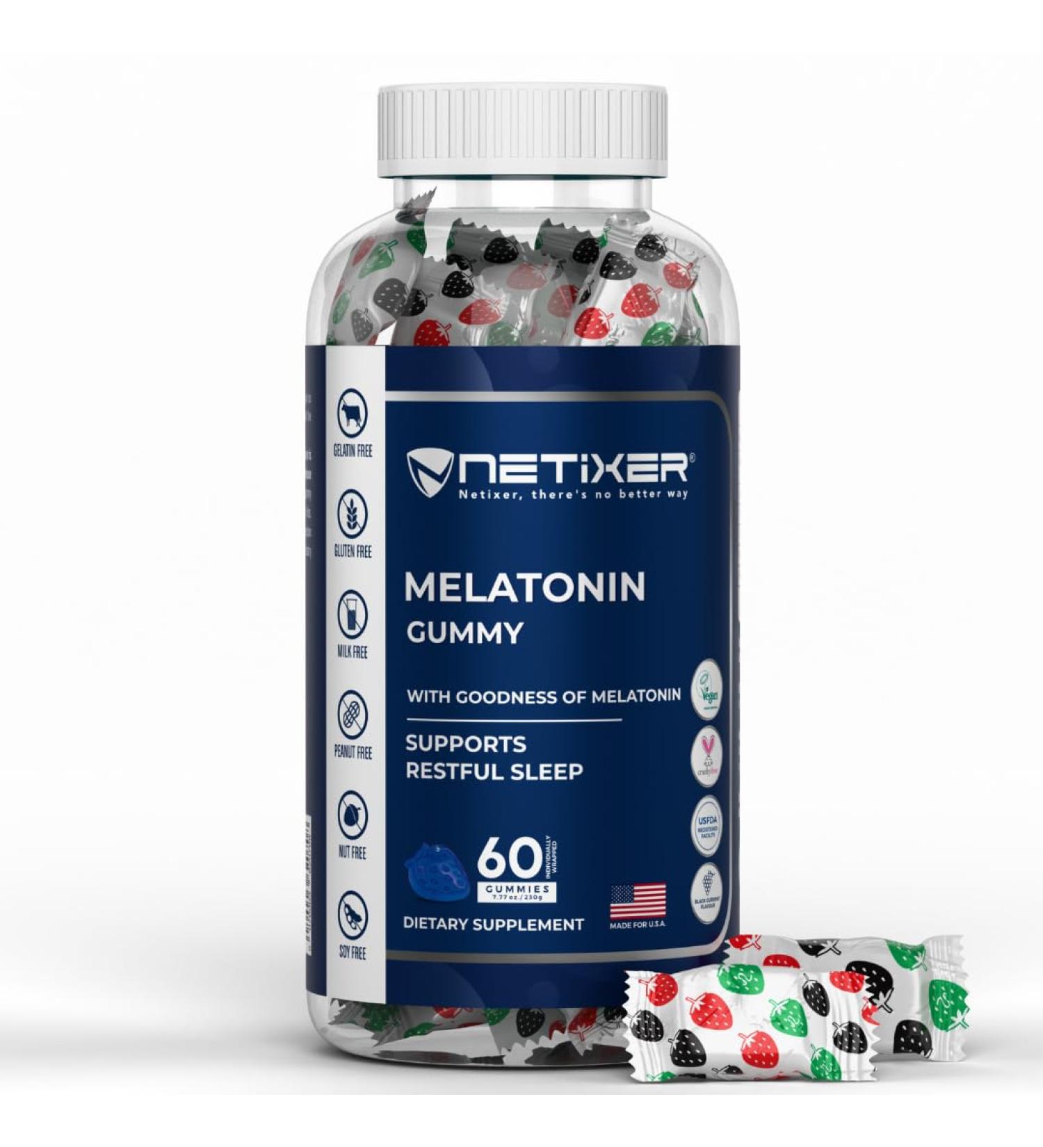 nETiXER Melatonin Gummies 60 Count 10 mg Melatonin per Gummy Blackcurrant Flavor Vegan Gelatin-Free Gluten-Free Individually Wrapped No Artificial Colors - Buy Online on GoSupps.com