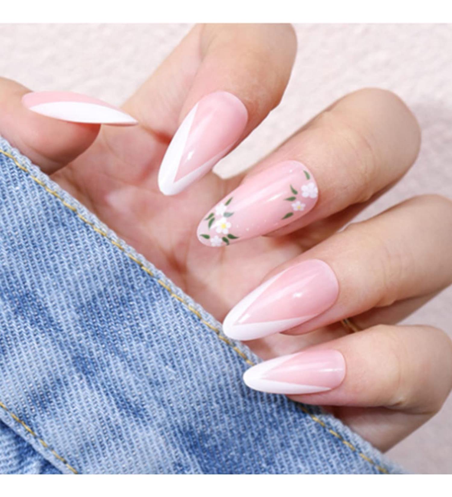 24-PCS French Tip Almond Press on Nails Medium Fake Nails Flower Pattern Design Coffin Press on Fake Nails Glossy False Nails Full Cover Acrylic Nails for Women & Girls - Buy Online on GoSupps.com
