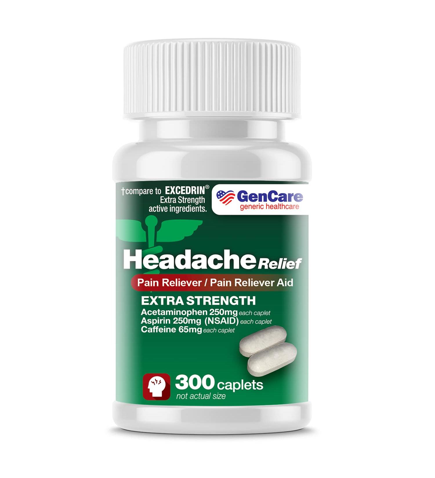 GenCare Extra Strength Headache Relief Acetaminophen with Aspirin, Caffeine - 300 Caplets | Muscle Aches, Back Pain & Body Relief | Generic Excedrin - Buy Online on GoSupps.com