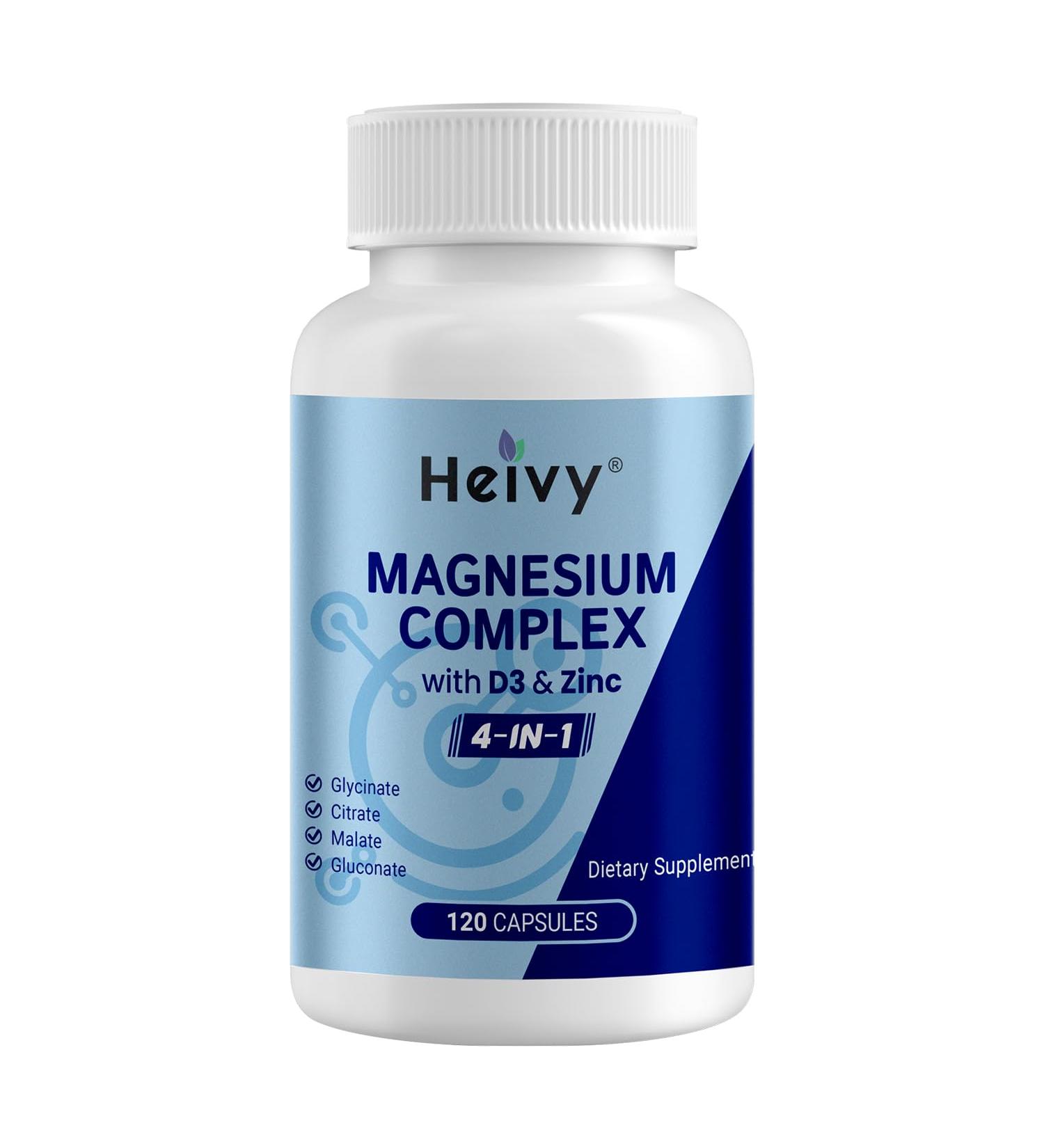 Heivy 4 in 1 Magnesium Complex with Zinc & Vitamin D3, 320mg Elemental Magnesium (Glycinate/Citrate/Gluconate/Malate), 120 Capsules (4 Months Supply), Vegan, Non-GMO, Gluten-Free, 3rd Party Tested - Buy Online on GoSupps.com