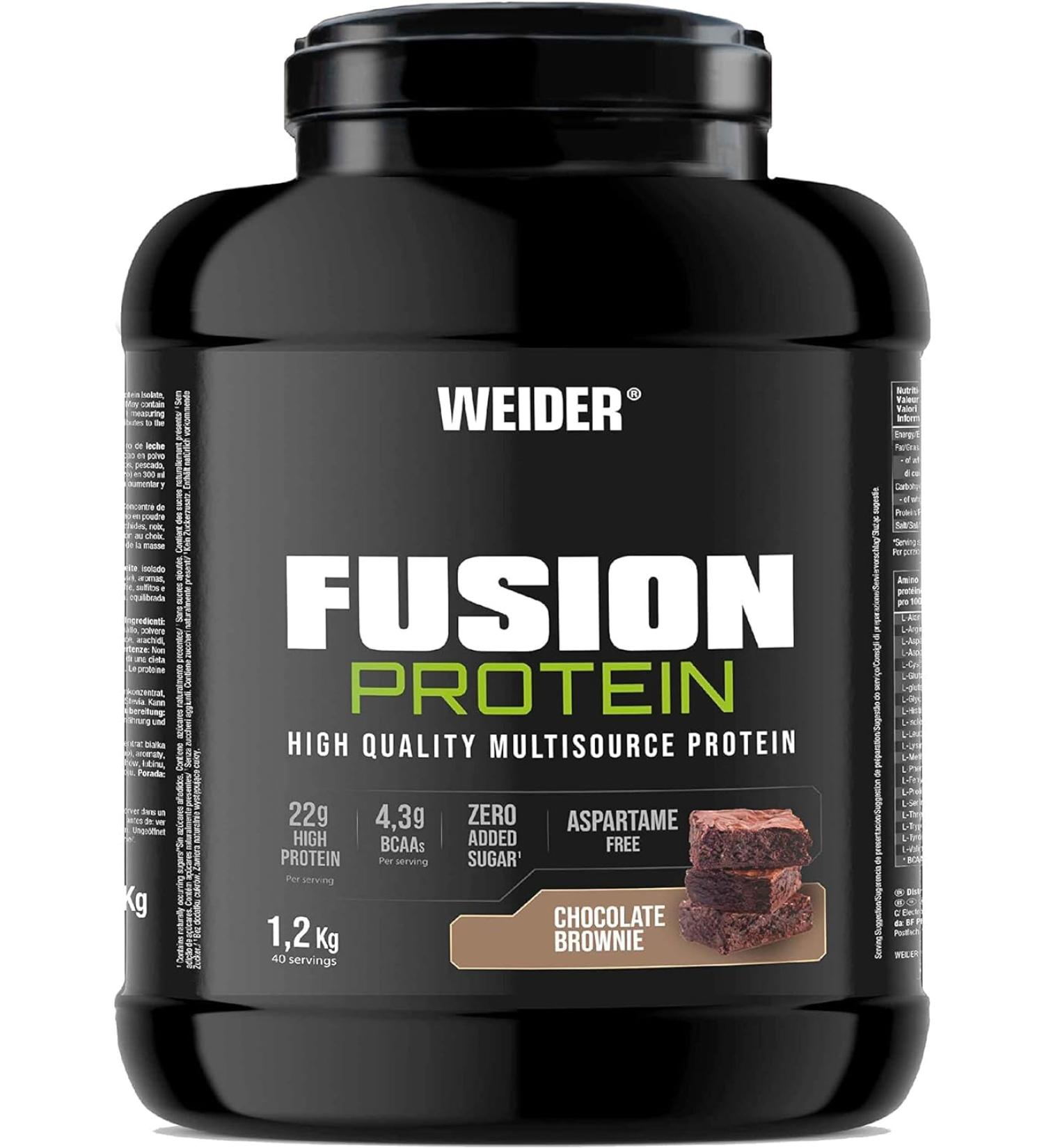Weider Fusion Protein (1.2kg) Chocolate Brownie Flavor Complete Formula with 4 Quality Protein Sources Animal & Plant 22g Protein + 4.2g BCAA/Dose No Added Sugar No Aspartame - Buy Online on GoSupps.com