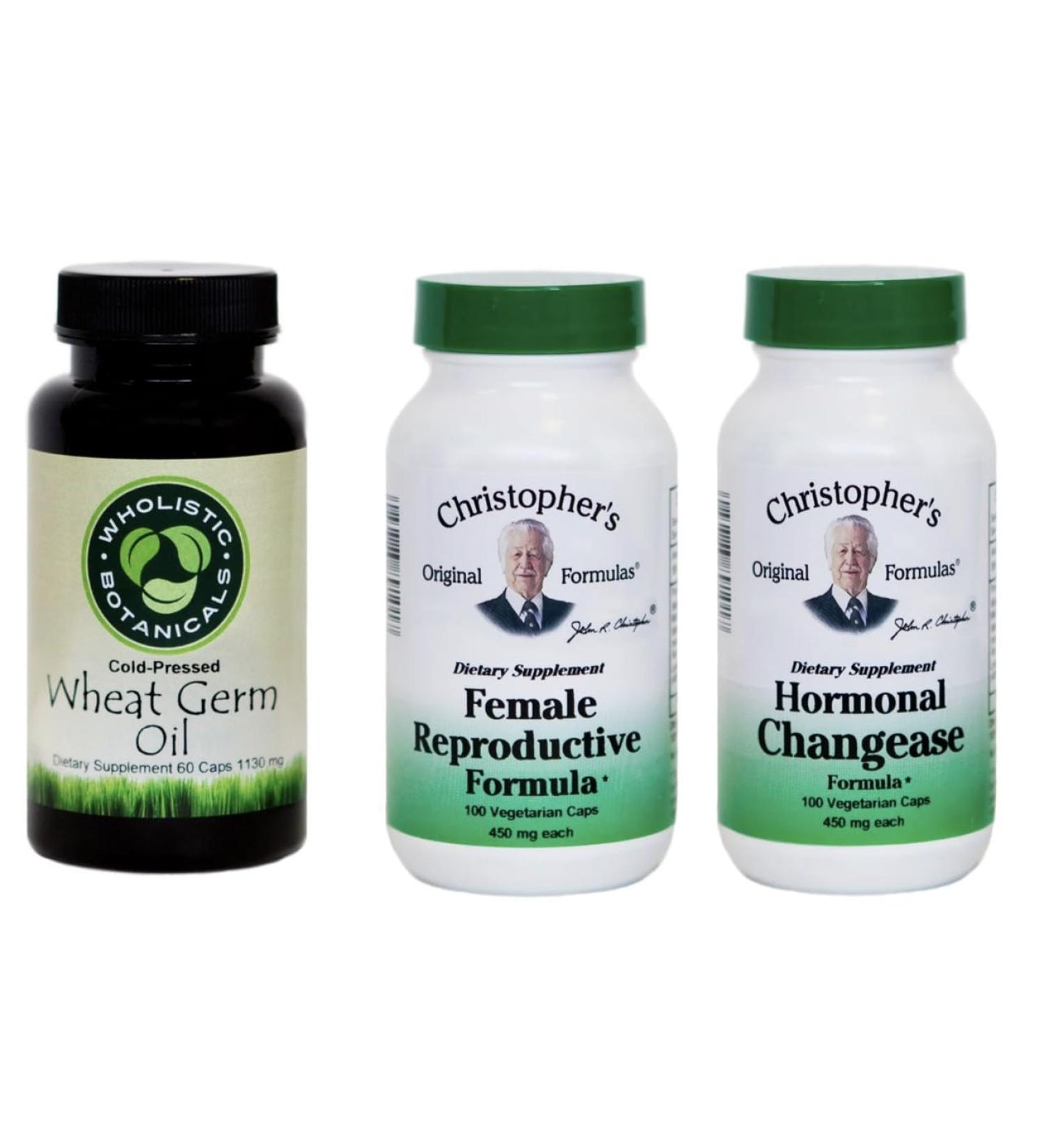 Dr. Christopher s Female Health Bundle | Female Reproductive Hormonal Changease & Wheat Germ Oil | 3-Bottle Herbal Support Pack | 100 Veg Capsules Each | USDA Organic Dietary Supplements - Buy Online on GoSupps.com