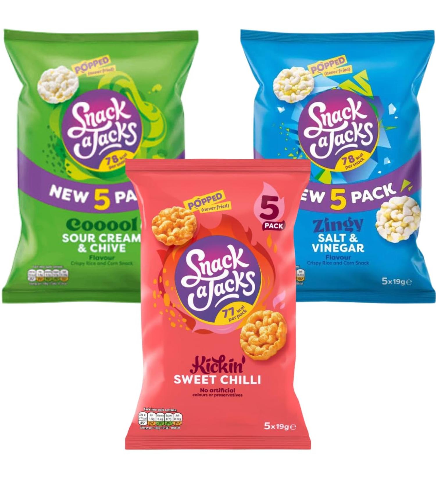 Snack Pack Bundle With Snack a Jacks Salt & Vinegar Multipack Rice Cakes 5x19g Sour Cream & Chive Multipack 5x19g and Sweet Chilli Multipack 5x19g (3 Pack) - Buy Online on GoSupps.com