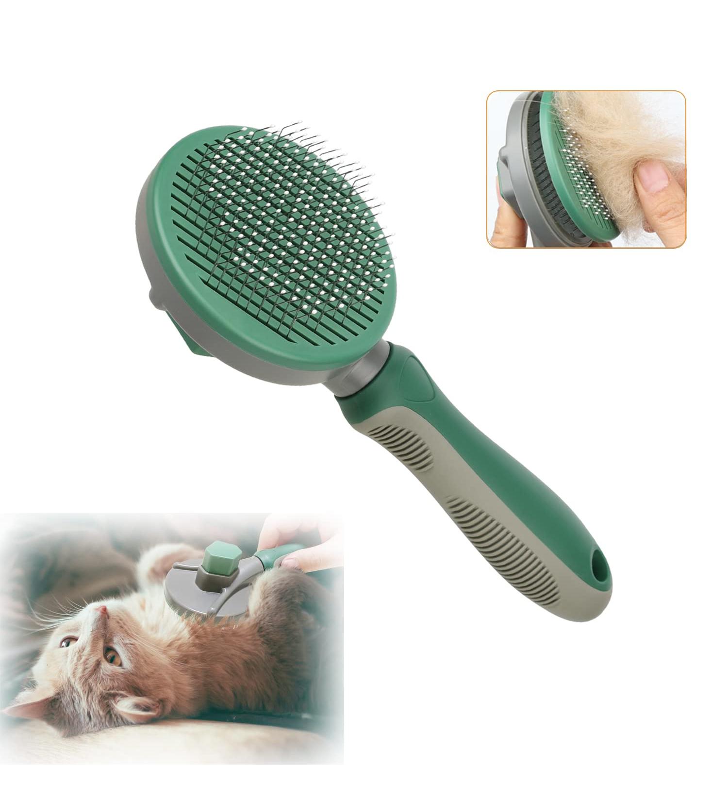 Annalovic Self-Cleaning Cat Brush - Gently Removes Loose Undercoat, Massages Pets, Deshedding Comb for Mats and Tangled Hair - Fine Needles - Green - Buy Online on GoSupps.com