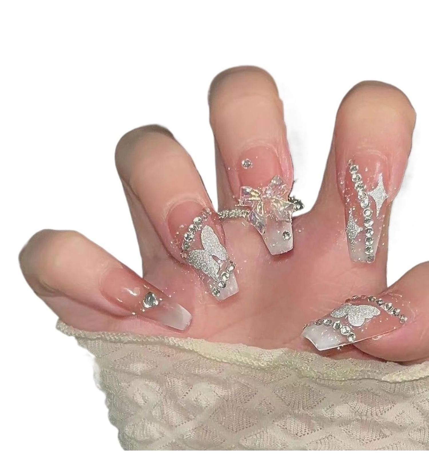 Temperament manicure sweet and cool milky white gradient butterfly nail patch fake nails wearing nail products detachable handmade.(M) - Buy Online on GoSupps.com