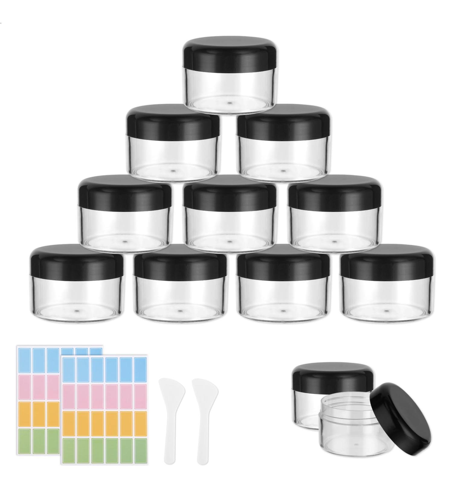 Plastic Cosmetic Jar 12 * 50ml Transparent & Visible Sample Container Jar Black Screw Cap Bottle with Sticker & Small Spoon Suitable for Cosmetic/cream/gel/paste/beads/mineral Items Etc. 12pcs Black 50ml - Buy Online on GoSupps.com
