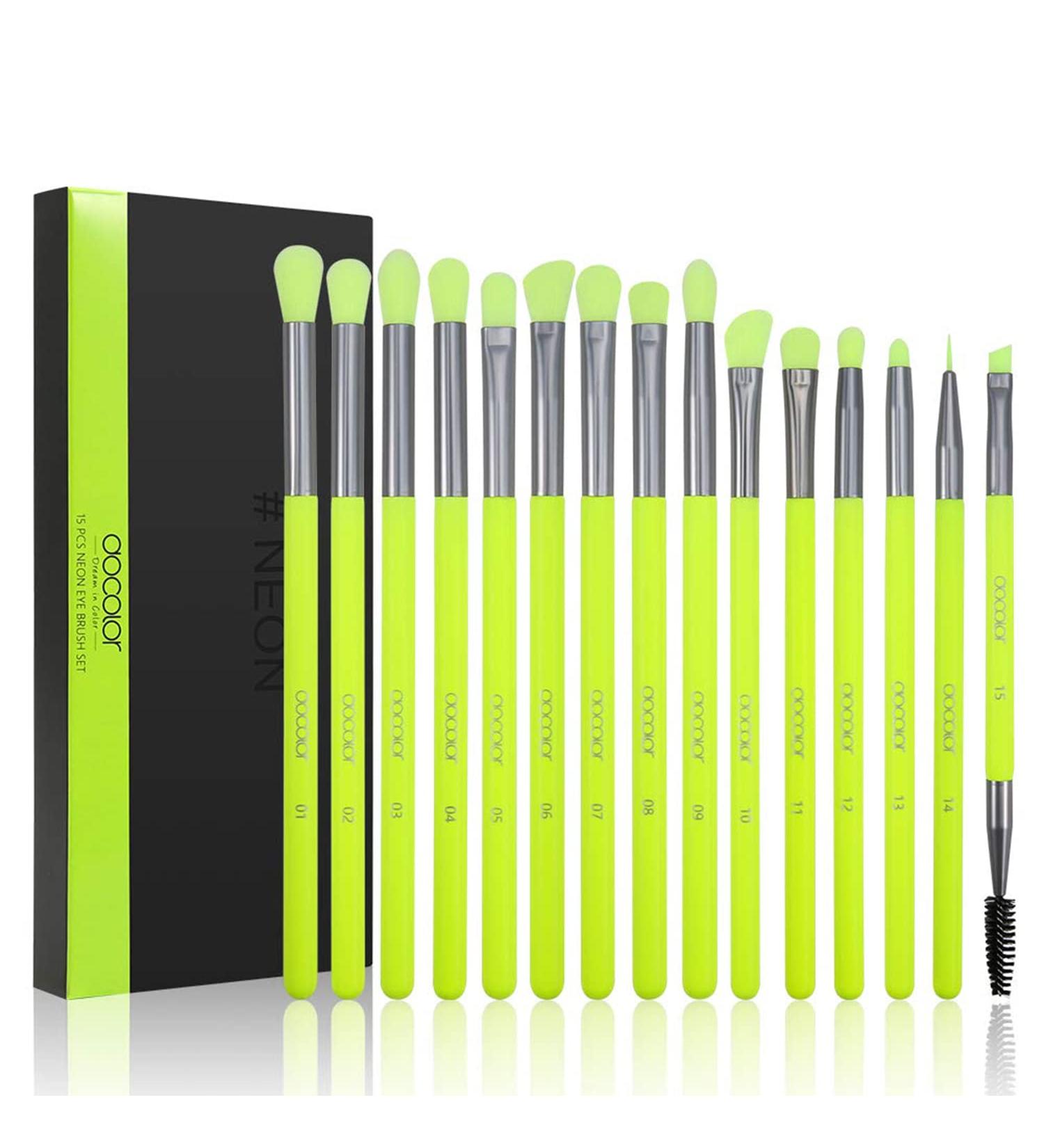 Docolor Eye Makeup Brushes Set - 15pcs Professional Brushes for Eyeshadow, Concealer, Eyebrow, Eyelash, and Eye Liners - Neon Green - Buy Online on GoSupps.com