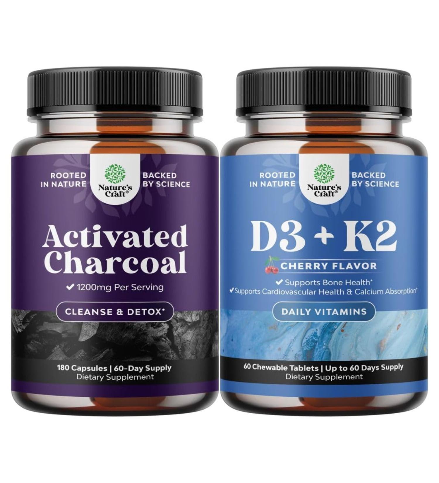 Bundle of Activated Charcoal Pills Detox & Cleanse - Purifying Coconut Capsules with 1200 mg Per Serving for Bloating Relief and Vitamin D3 with K2 MK7 Supplement for Immune Support and Bone Health - Buy Online on GoSupps.com