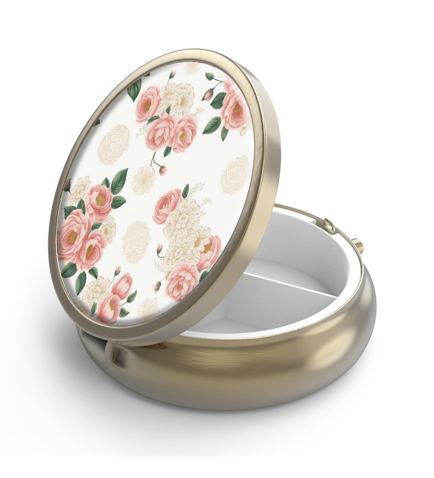 Retro Pink Floral Pill Can Box with Mirror - 3 Compartment Small Round Container for Vitamins & Supplements | Bronze Dose Organizer - Buy Online on GoSupps.com