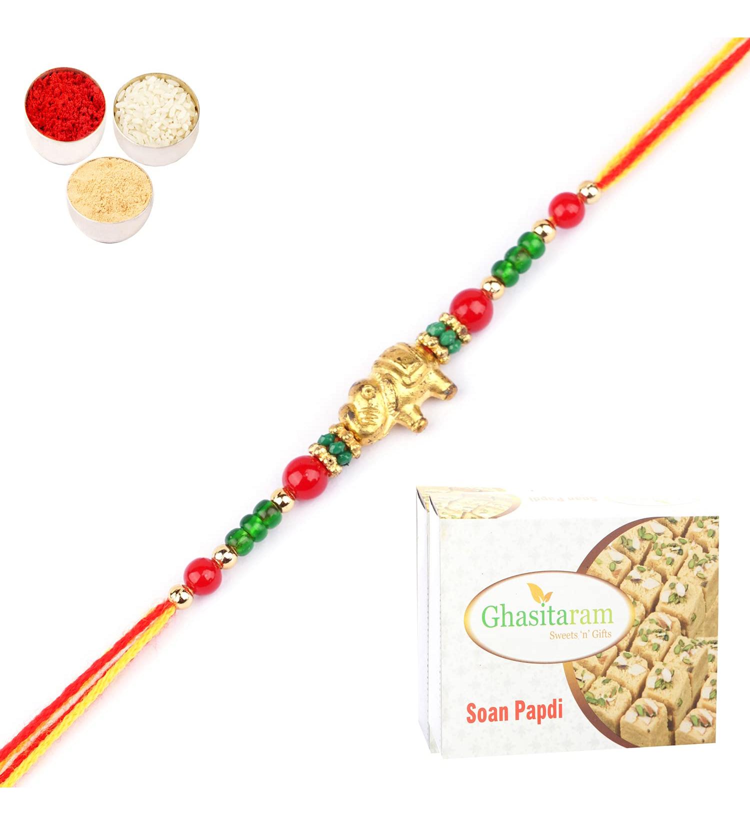 Ghasitaram Gifts Rakhi for Brother Rakhis Online - 6043 Rakhi Thread with 400 GMS of Soan Papdi Rakhi with 400 GMS of Soan Papdi - Buy Online on GoSupps.com