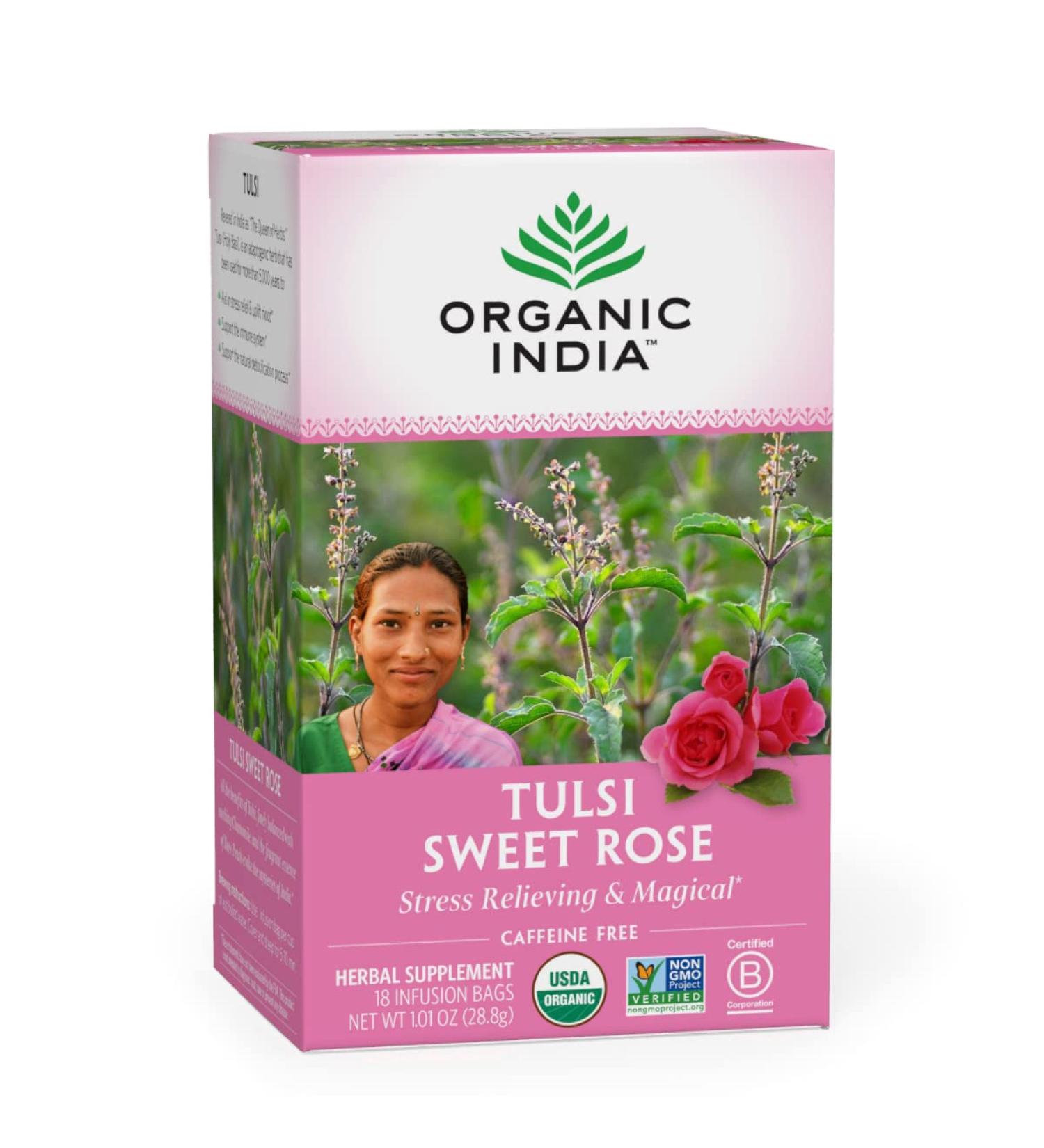 Organic India Tulsi Tea - Sweet Rose, Caffeine-Free, 18 Infusion Bags (1.01 oz) - Buy Online on GoSupps.com
