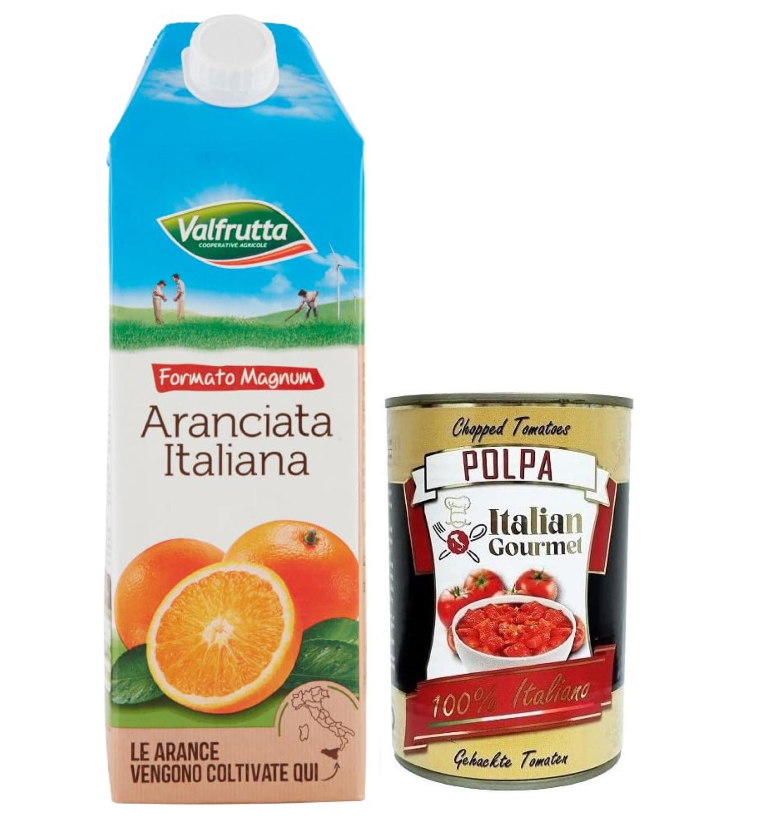  Italian Gourmet E.R. Valfrutta Aranciata Italiana Non-alcoholic refreshing drink Italian orange lemonade 1500 ml + 400 g box Gourmet Italian Polpa di Pomodoro - Buy Online on GoSupps.com