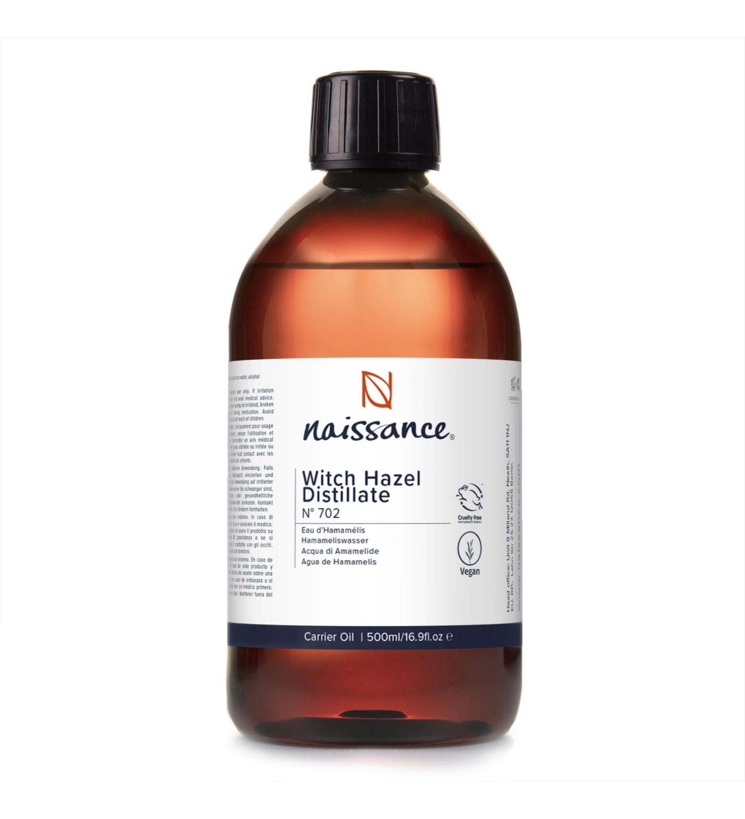 Naissance Distilled Witch Hazel (no. 702) 500ml - Pure Natural Cruelty Free Vegan - Cleansing & Toning - Aromatherapy Skincare and DIY Beauty Recipes Mild floral with alcohol back note 500 ml (Pack of 1) - Buy Online on GoSupps.com