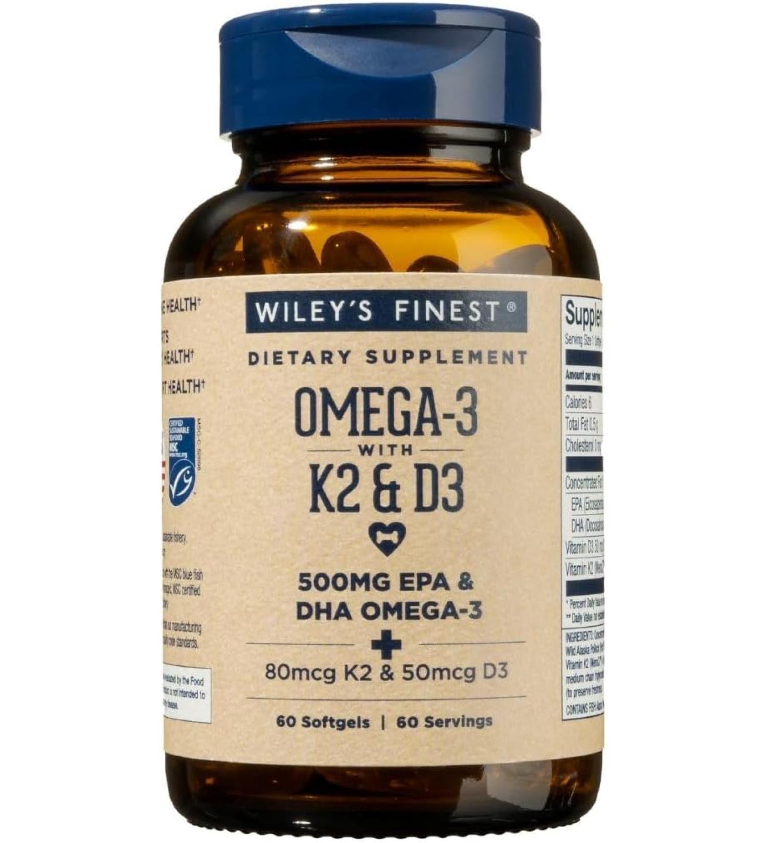 Wiley's Finest Wild Alaskan Fish Oil with Vitamin K2 - 60 Softgels | Omega-3 Supplement - Buy Online on GoSupps.com
