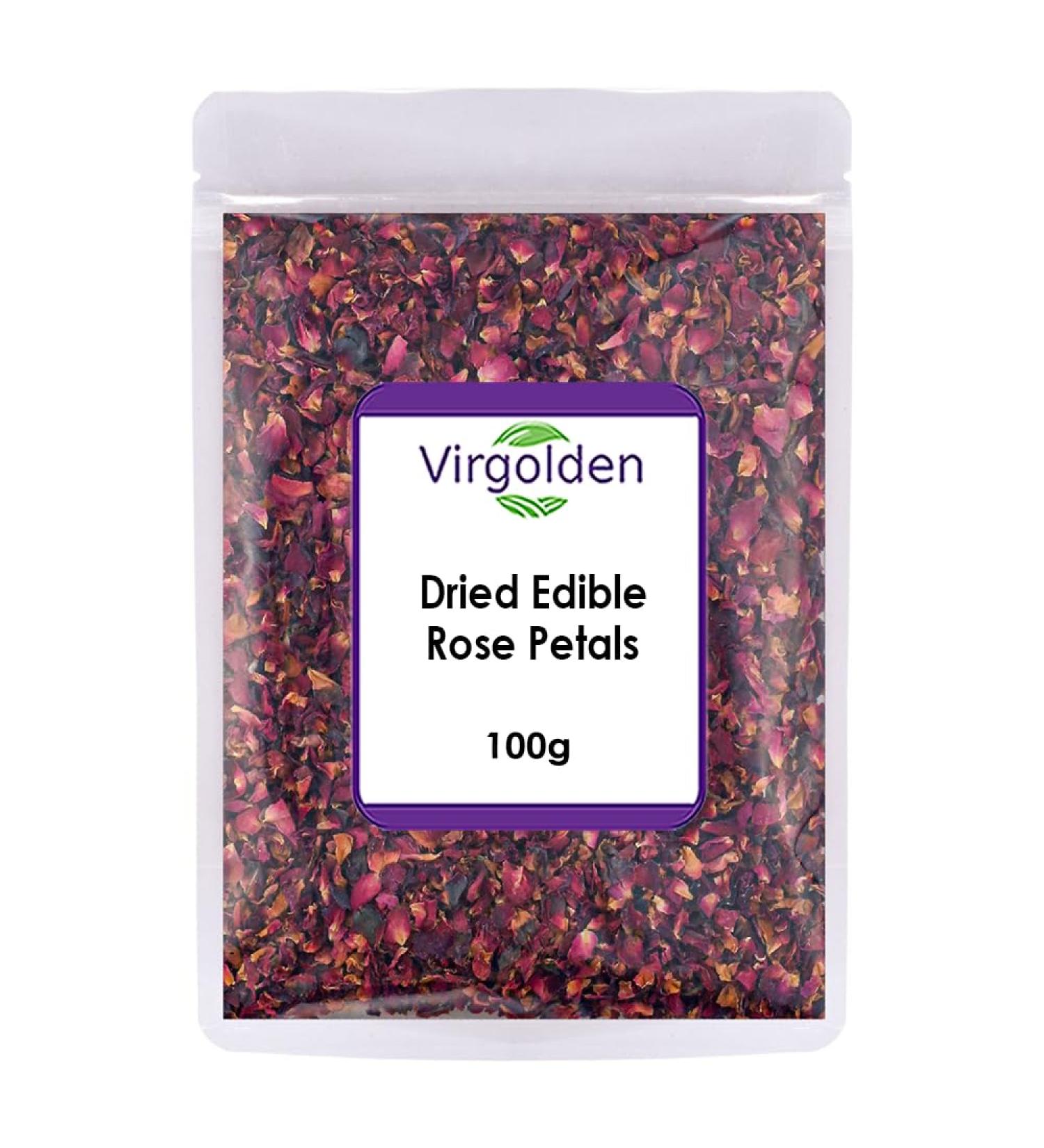 Dried Edible Rose Petals 100g by Virgolden - Premium Natural Flowers for Bath, Spa, Wedding Confetti & Crafts - Buy Online on GoSupps.com