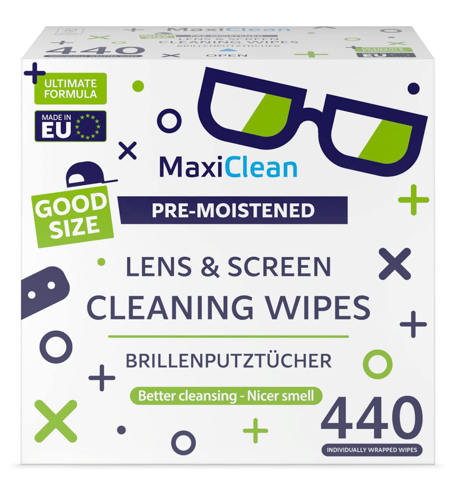 MAXI CLEAN Lens Wipes - 440 Pre-Moistened Cleaning Wipes for Glasses, Screens, Binoculars, and More - Made in Europe - Buy Online on GoSupps.com