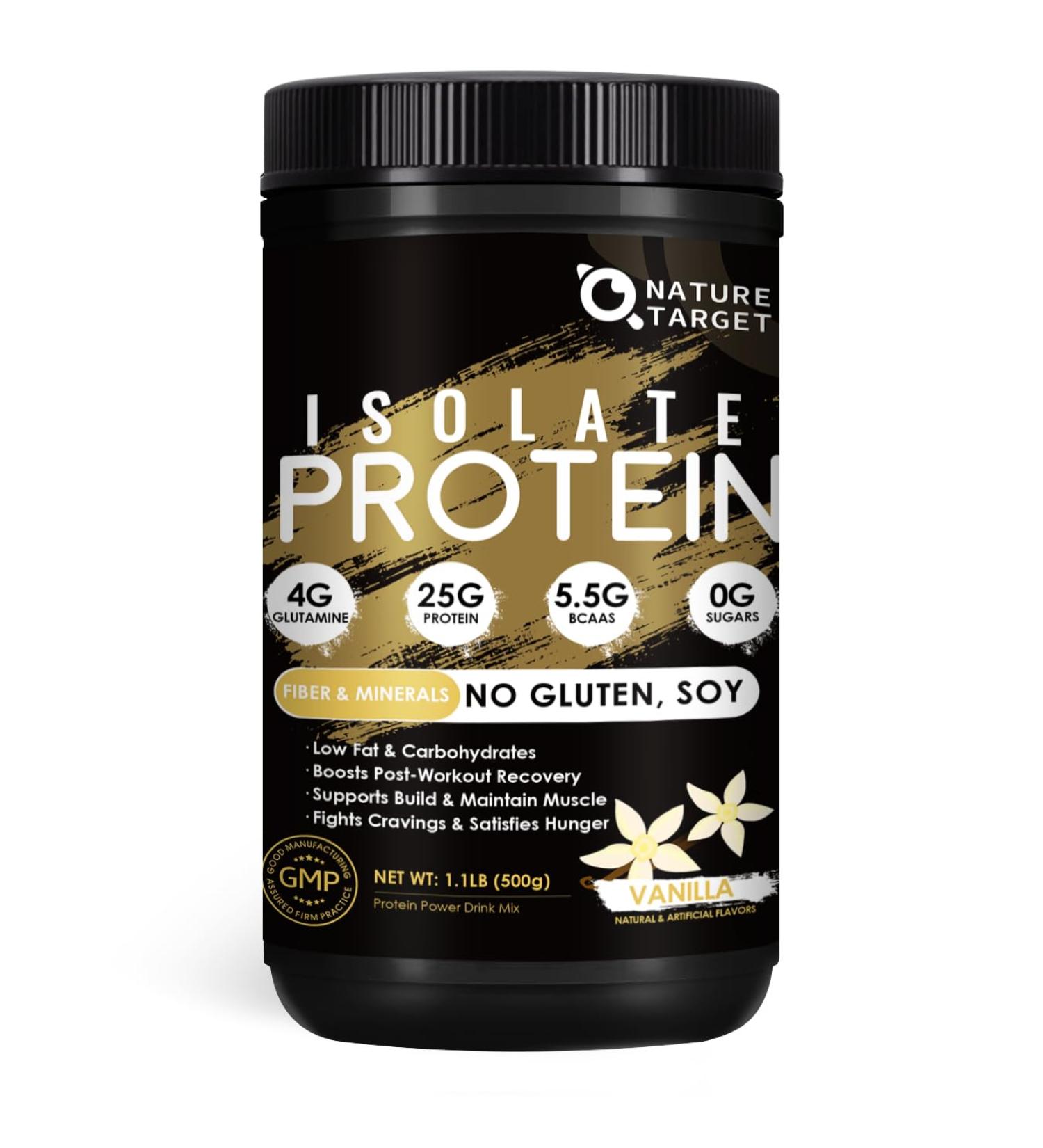 NATURE TARGET Isolate Whey Protein Powder Vanilla 25g Protein Low Carb Sugar-Free & Gluten-Free 5.5g BCAAs Rich in Fibers & Minerals 1.1 Pound 16 Servings Natural Vanilla 1.1 Pound (Pack of 1) - Buy Online on GoSupps.com