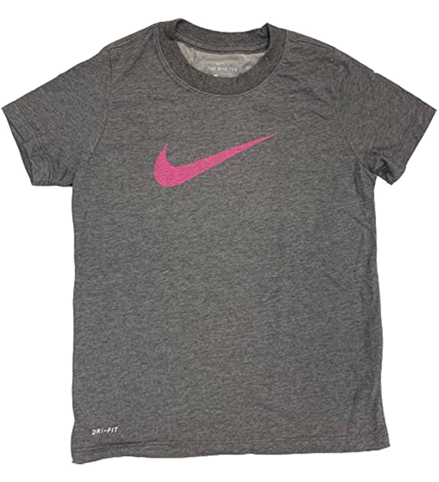 Nike Girl's All Play Graphic T-Shirt (Dark Grey/Pink Thumbprint Swoosh, Medium)