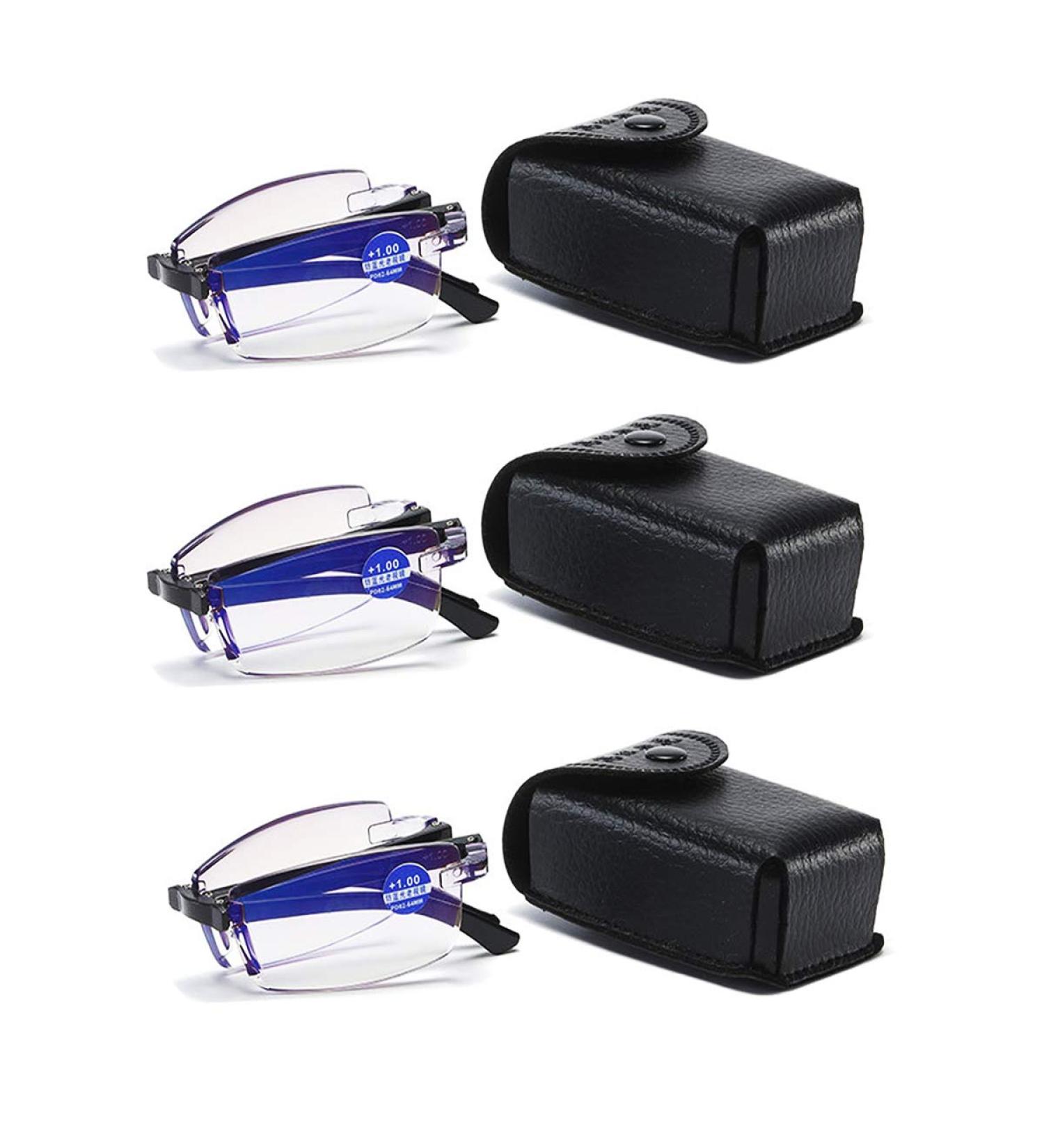 3 Pairs +200 Blue Light Blocking Reading Glasses - Anti Eye Fatigue Foldable Men & Women - Includes Leather Case - Buy Online on GoSupps.com
