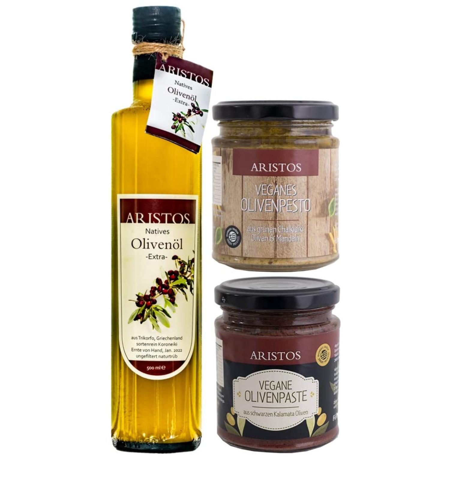 Aristos Bio Olive Oil Gourmet Gift Set - 500ml Cold-Pressed Extra Virgin Olive Oil & 2x Greek Tapenade | Ideal Easter Gift Set - Buy Online on GoSupps.com