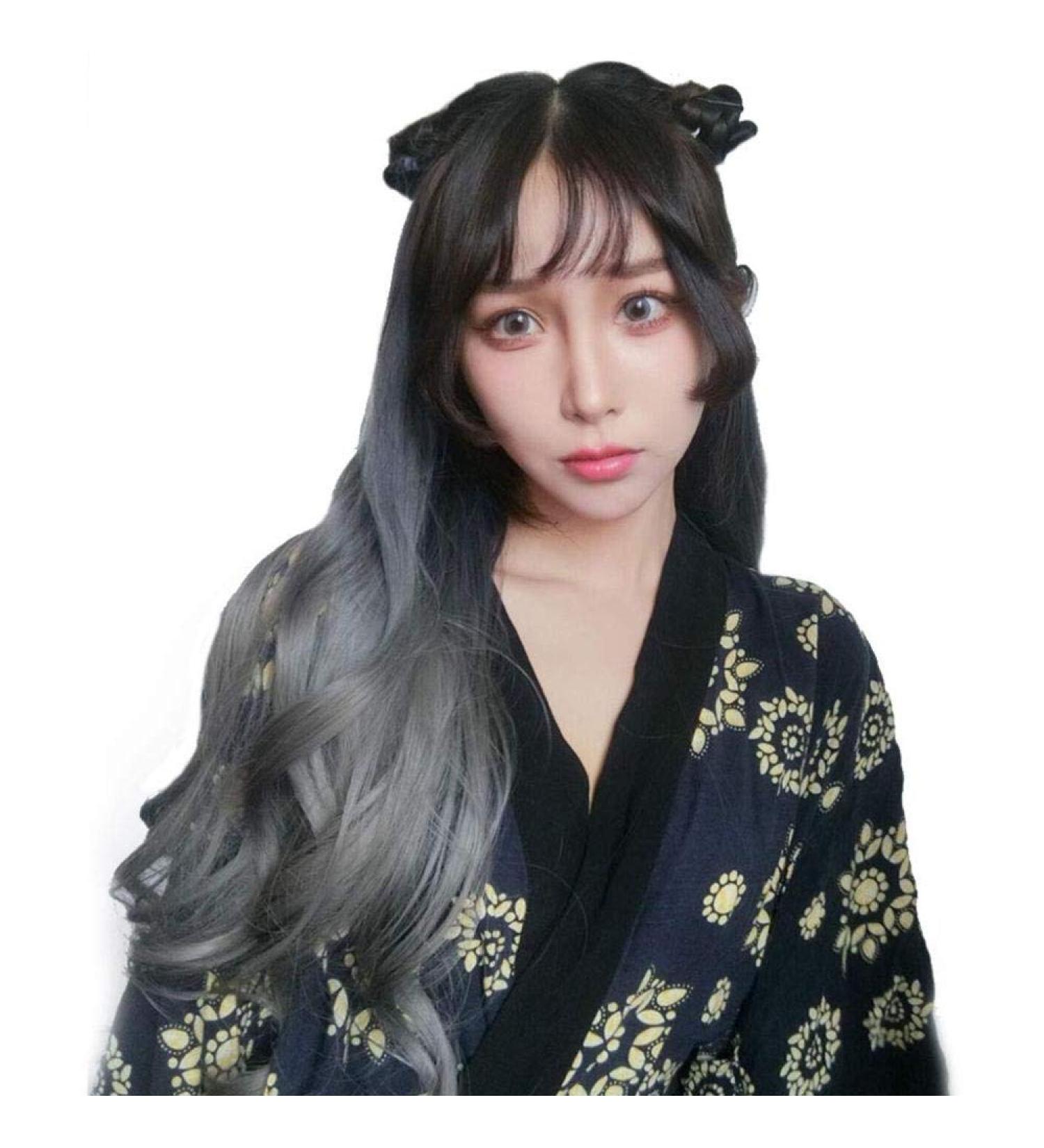 Buy Harajuku Fashion Long Wavy Curly U-Shaped Wigs - 28 Inches Heat-Resistant Synthetic Fiber with Dark Roots for Girls - Buy Online on GoSupps.com