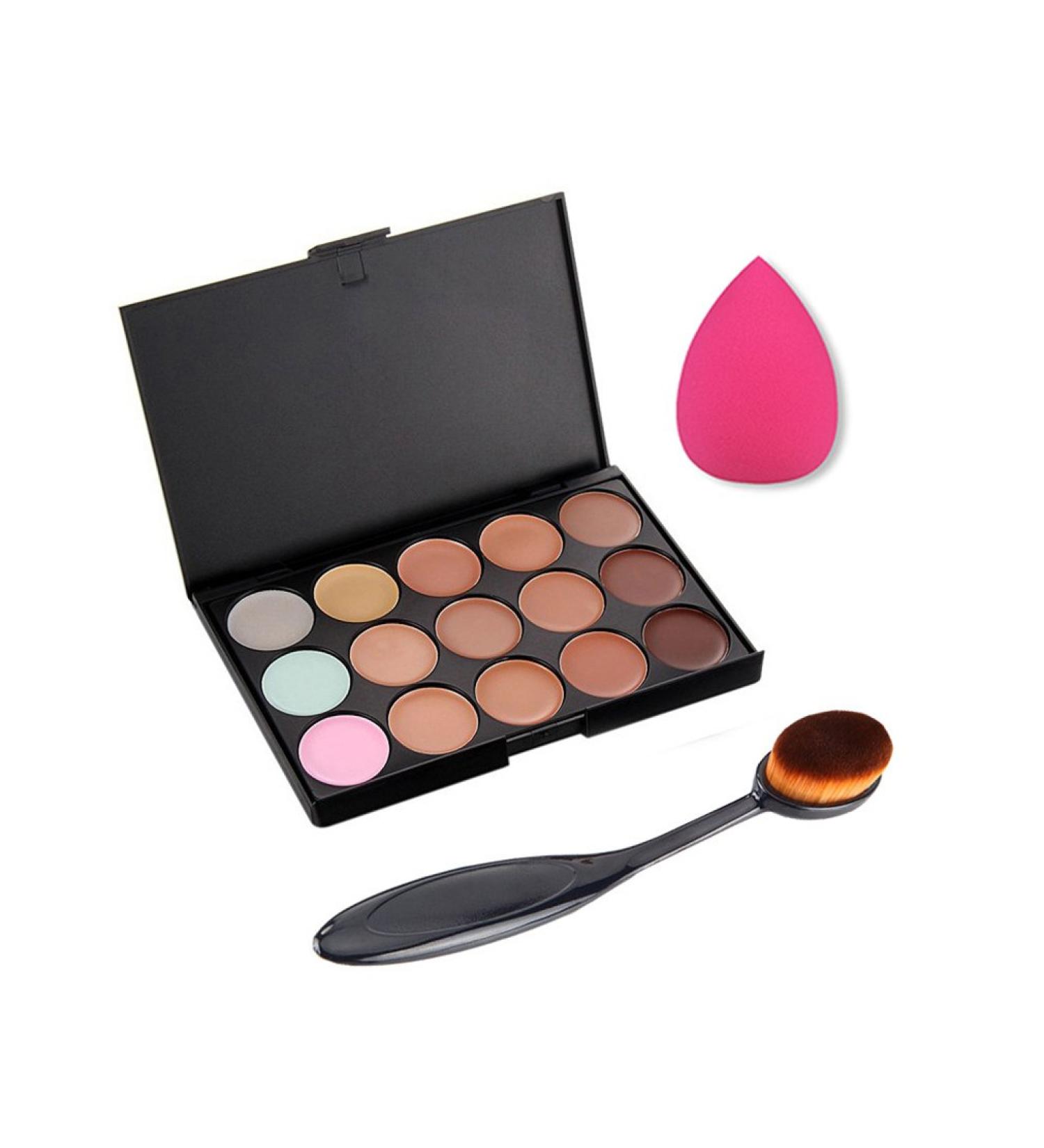 Buy Pure Vie Oval Makeup Brush Set with Sponge Puff & 15 Colors Concealer Palette - International Shipping Available - Buy Online on GoSupps.com