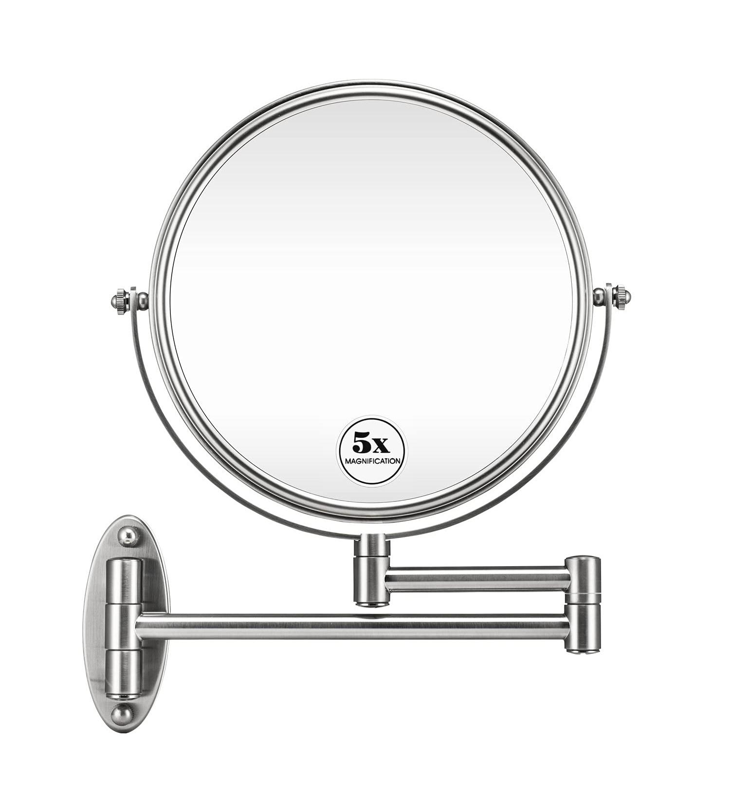 GloRiastar 5X Wall Mounted Makeup Mirror - Double Sided Magnifying Mirror 8 inch Extension, Brushed Nickel Finish - Buy Online on GoSupps.com