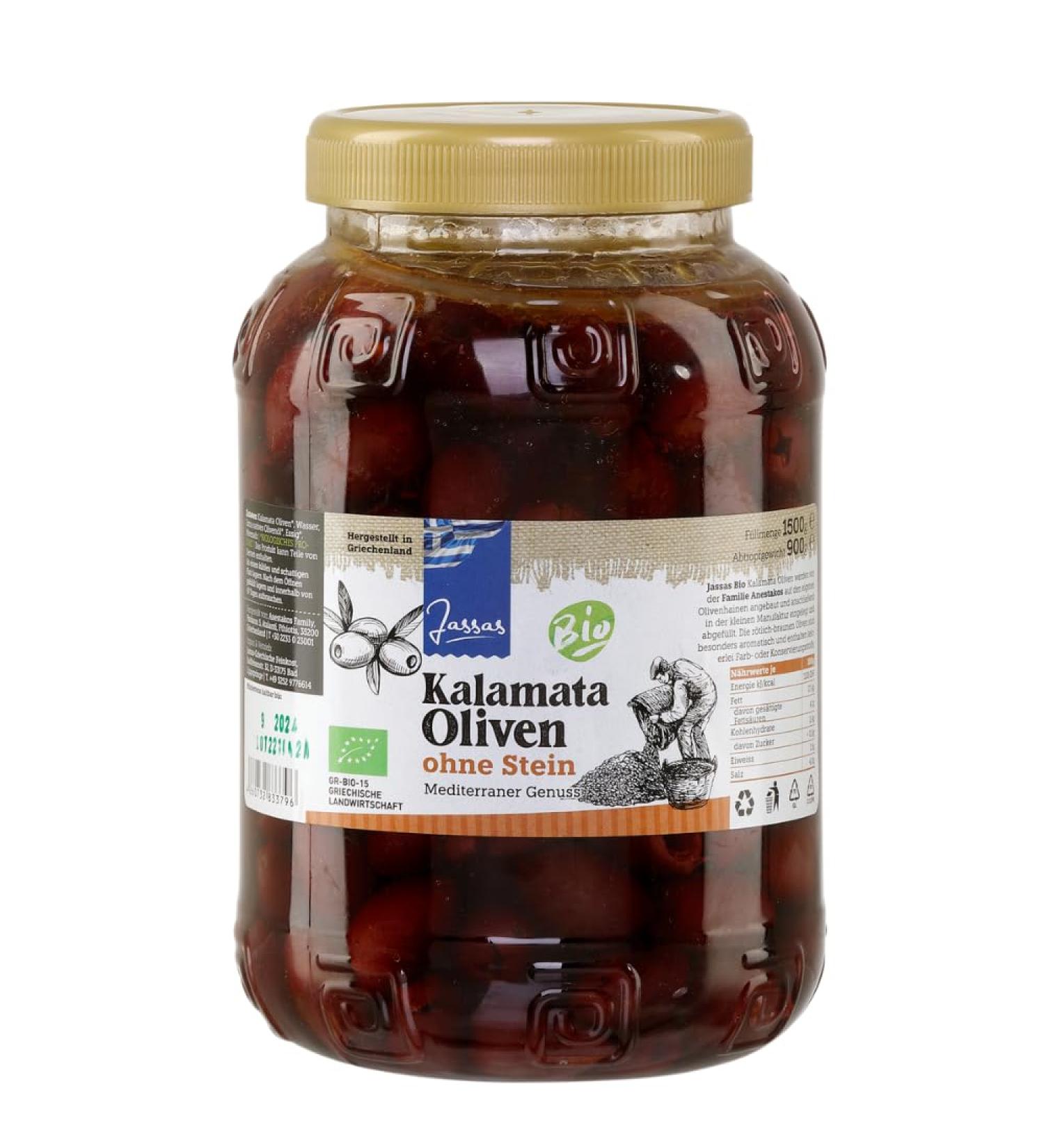 Greek Kalamata Olives Without Stone 900g | Organic Certified | Olives from Greece | Jassas | GR-BIO-15