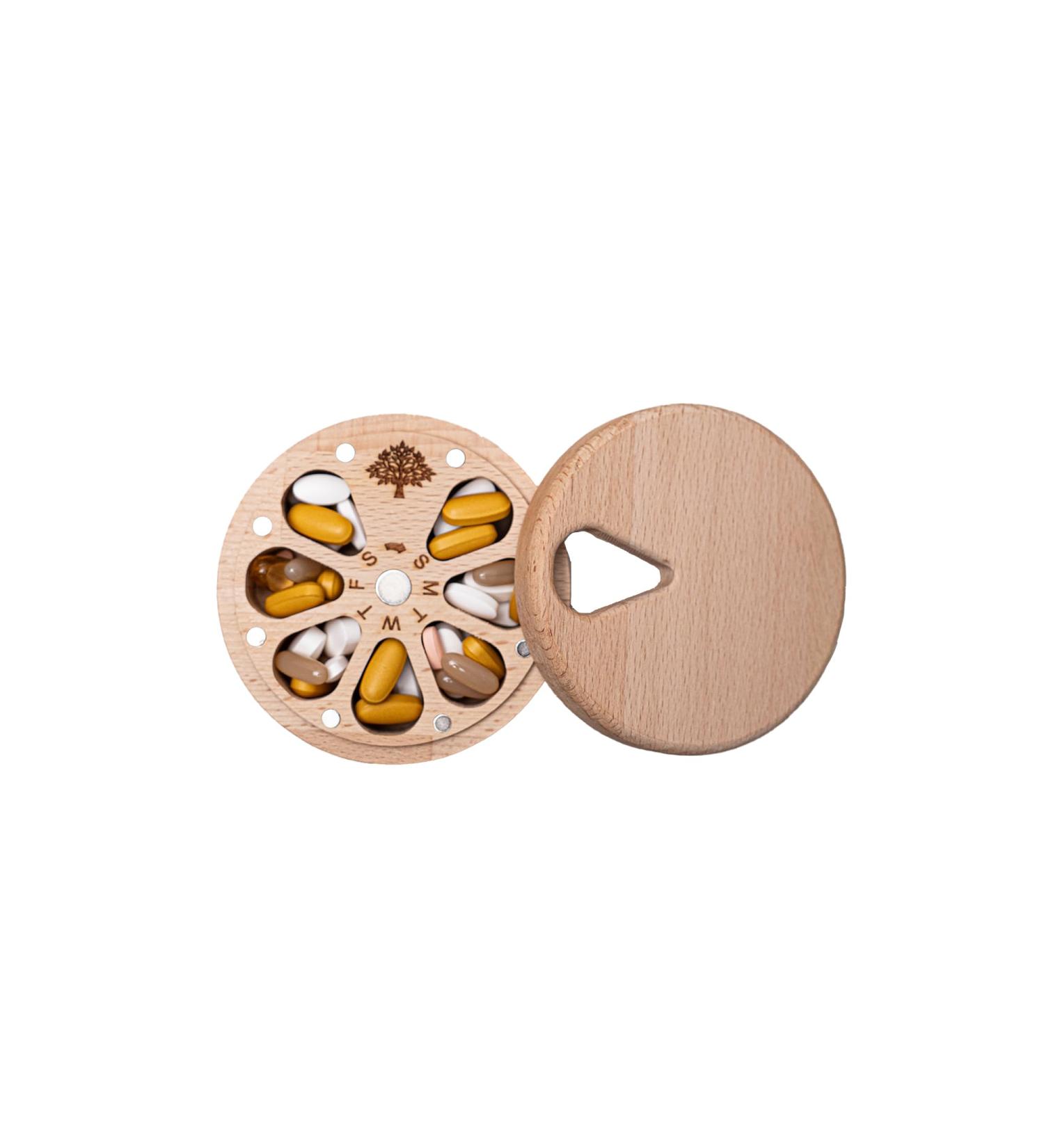 Weekly Pill Box Organizer | 7 Day Portable Pill Case | Cute Wood Design for Medicine & Vitamins | Travel-Friendly Magnetic Pill Organizer - Buy Online on GoSupps.com