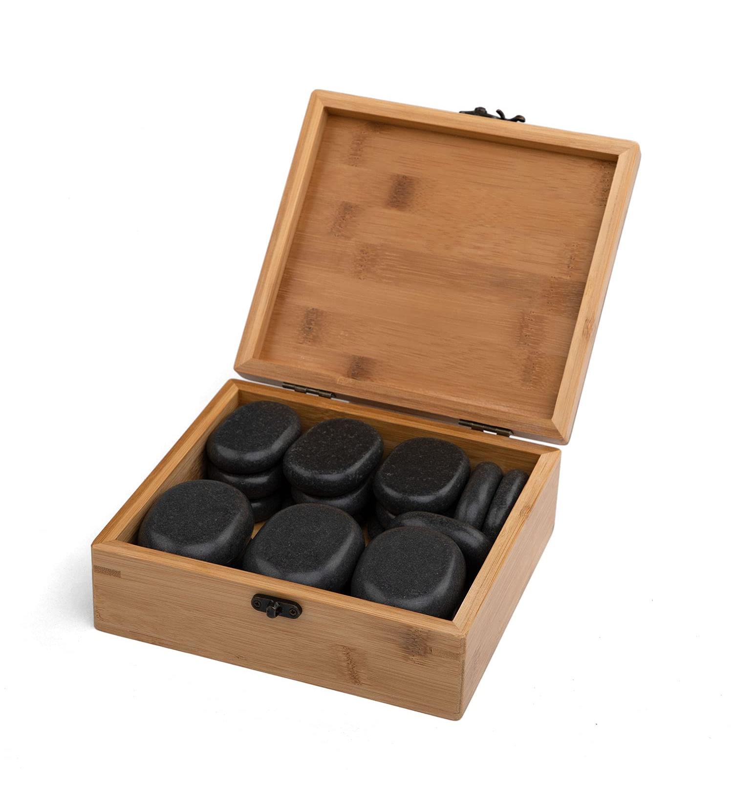 Hot Stone Massage Stones Set - 18 Basalt Stones for Wellness & Therapy | Decorative Bamboo Box | Ideal for Relaxation & Heat Treatment - Buy Online on GoSupps.com