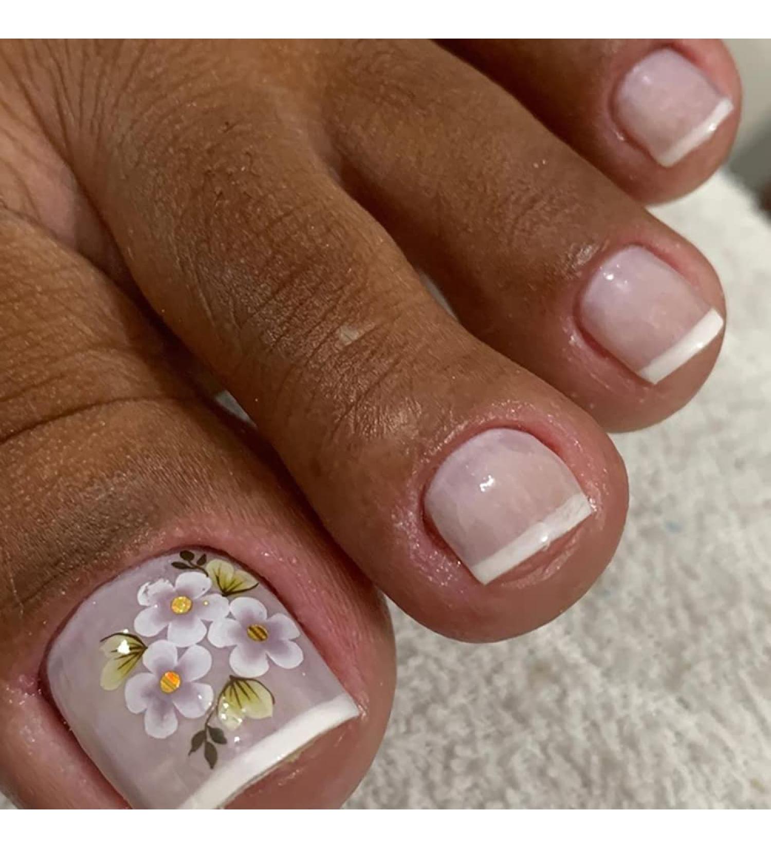 Short Square Floral Design Press On Toenails - 24Pcs Glossy False Acrylic Toe Nails for Women - Buy Online on GoSupps.com