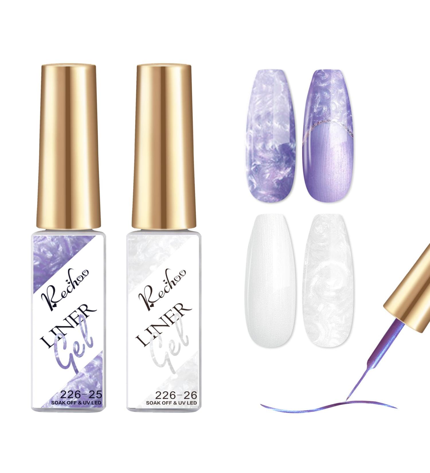 Rechoo Liner Nail Gel Polish-10ML*2 White & Purple Pearl Shimmer Glitter Gel Nail Polish for Fineliner Nail Art French Manicure Nail Polish Shellac Color Gel with thinner Brush E-2-Purple & White - Buy Online on GoSupps.com