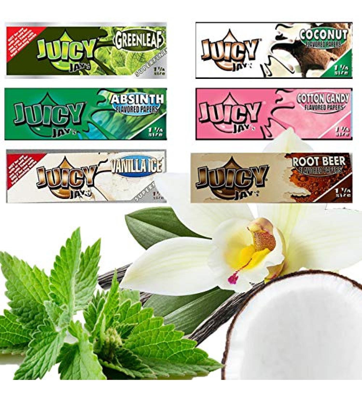 Bundle Pack Juicy Jay's Flavoured Rolling Papers - Vanilla Ice Absinth Coconut Green Leaf Cotton Candy Root Beer - 1 Pack Each - 6 Packs Total
