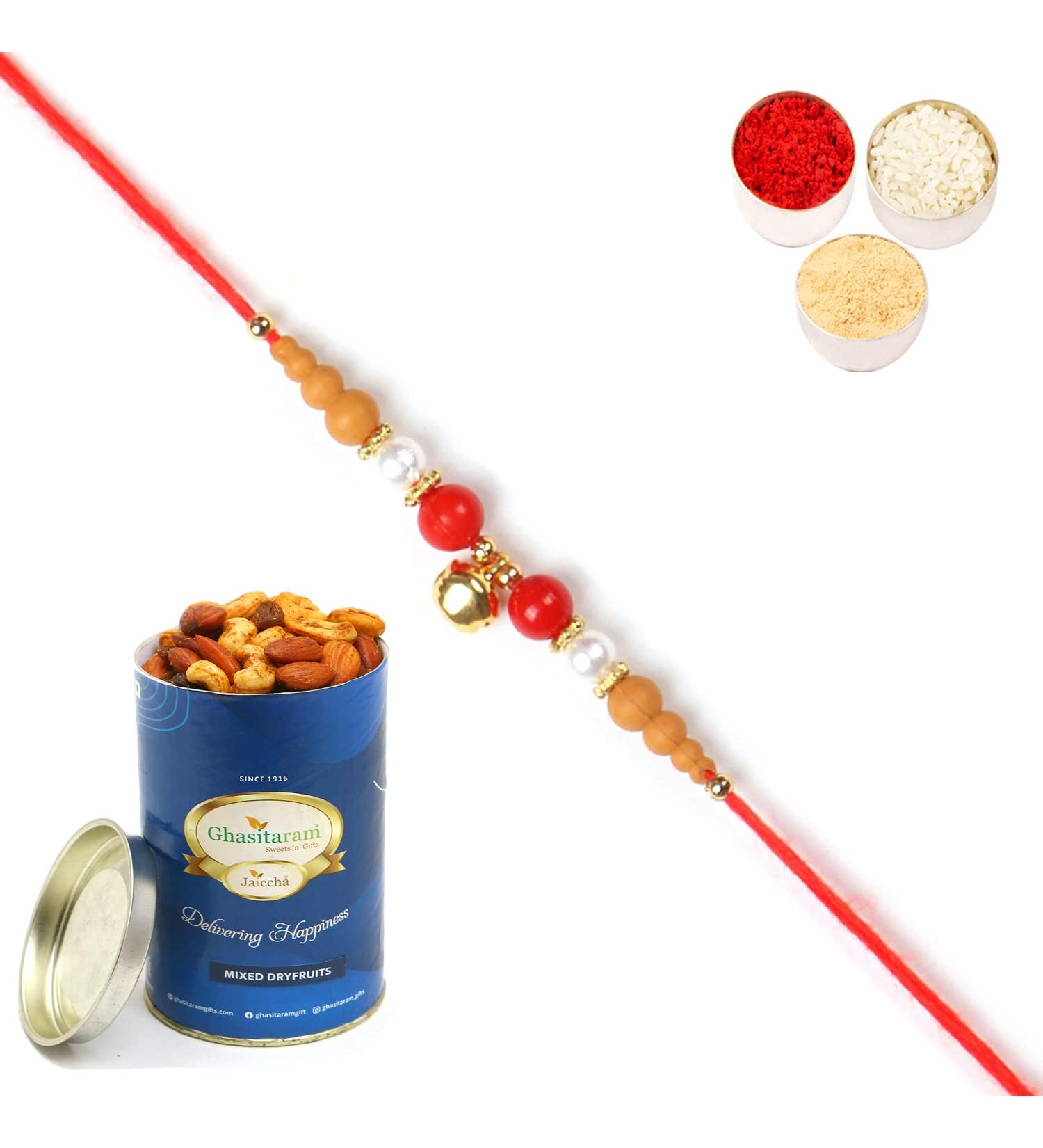 Ghasitaram Gifts Rakhis Online for Brother- 6190 Rakhi Thread with 100 GMS of Dryfruits Mix Can Rakhi with 100 gms of Dryfruits Mix Can - Buy Online on GoSupps.com