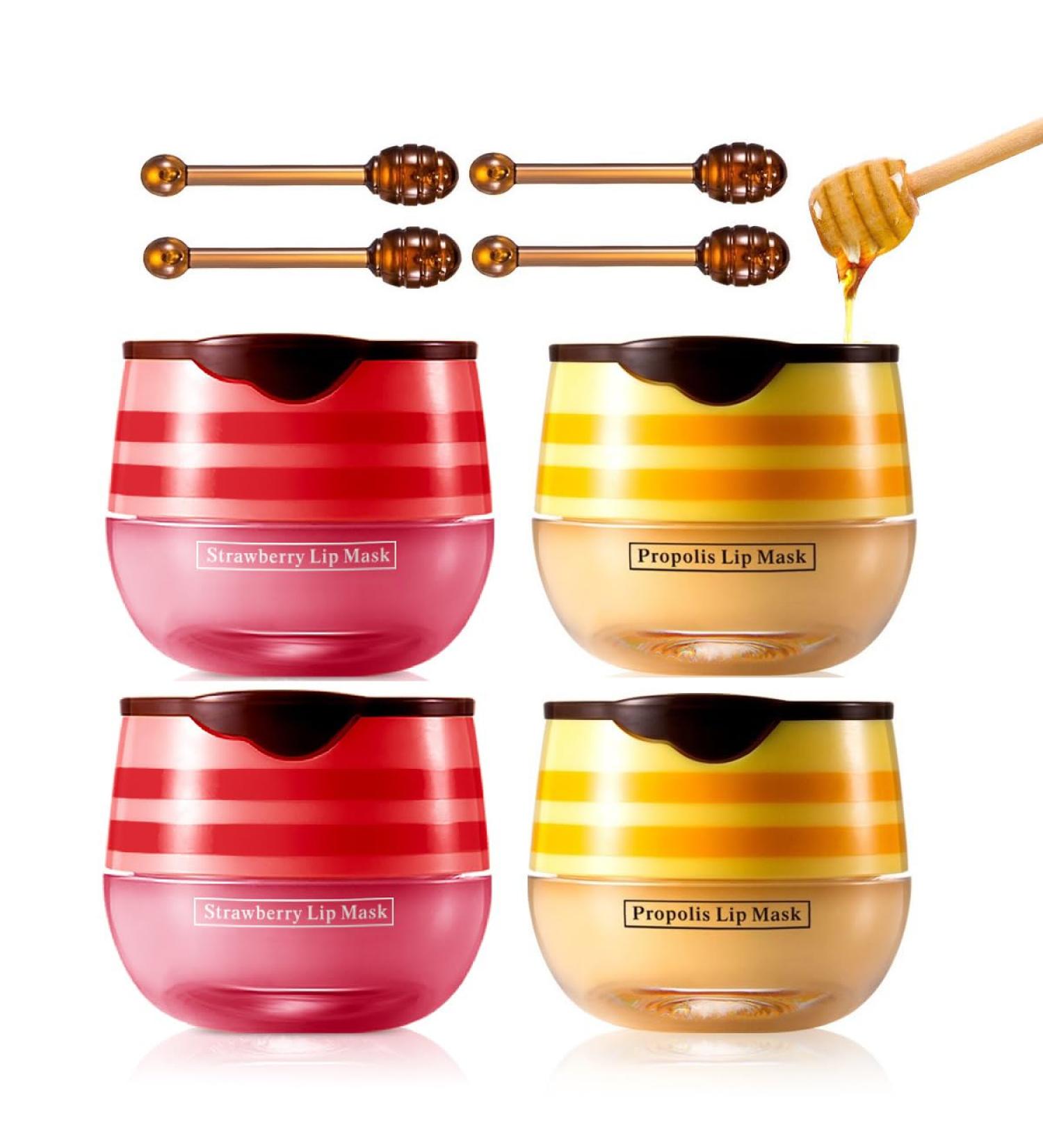 4 Pcs Bee Lip Balm Honey Pot Honey & Strawberry Lip Mask Propolis Moisturizing Lip Balm. (2Pcs Honey &2Pcs Strawberry) - Buy Online on GoSupps.com