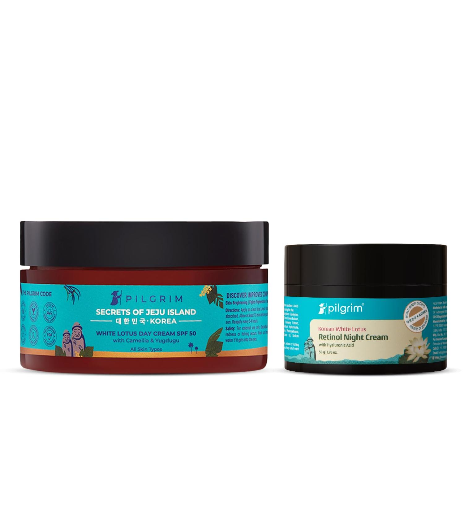Pilgrim Korean White Lotus Day Cream SPF 50 & Retinol Anti-Aging Night Cream | Day & Night Skin Care Combo - Buy Online on GoSupps.com
