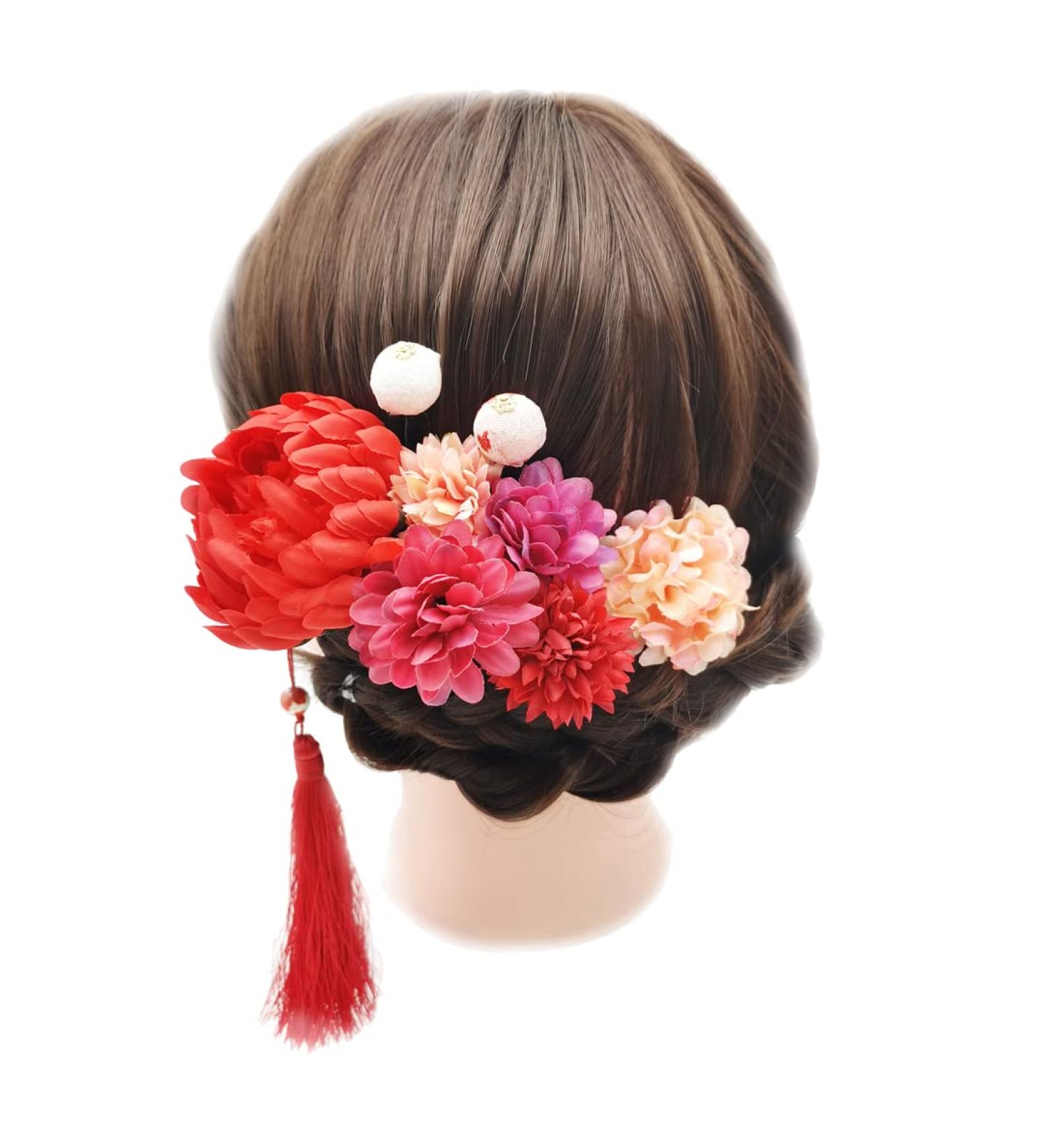 9pcs Japanese Kimono Hair Clips - Chiffon Flower Hairpins with Tassel for Women | Wedding Hair Accessories in Red - Buy Online on GoSupps.com