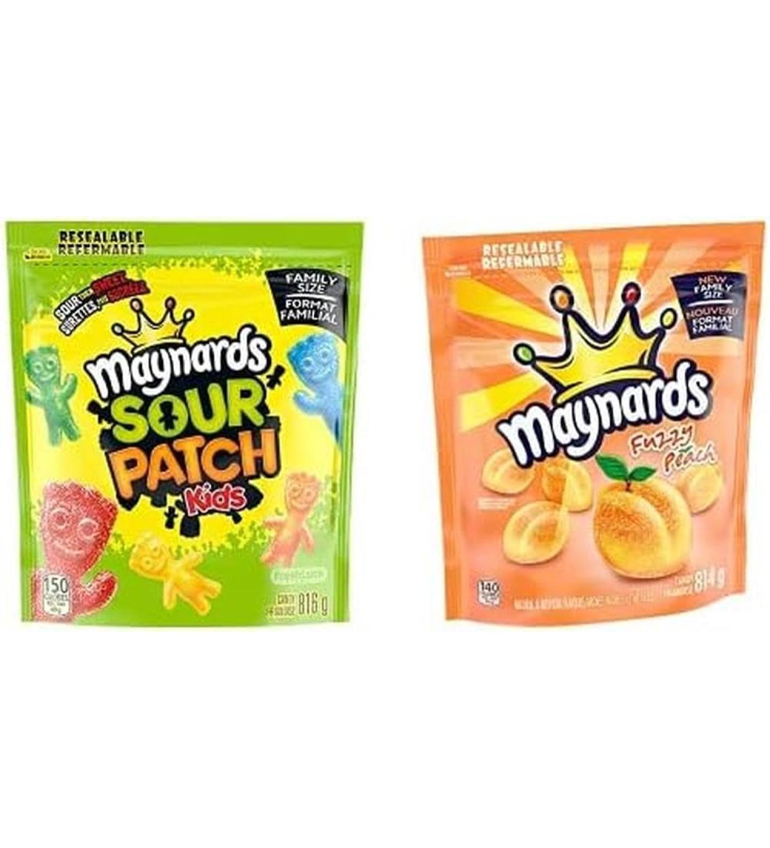 Maynards Sour Patch Kids Candy Family Size 816g/28.7oz with Fuzzy Peach Family Size Candy Back to School Treats 814g