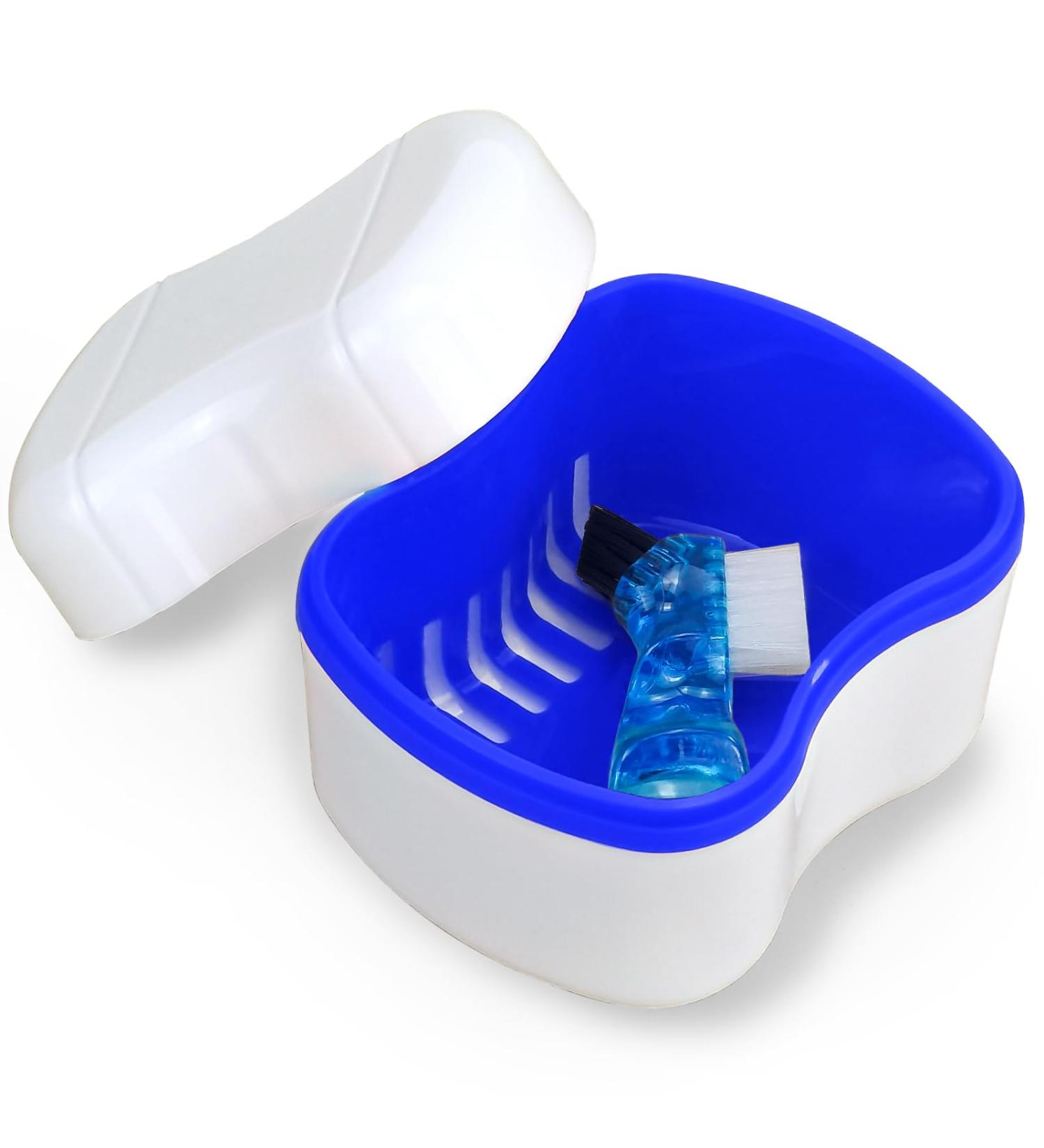 Retainer Bath Box Denture Cleaning Bath Case with Brush Denture Cup Storage Bath Box Case Retainer Cleaning Container Mouthguard Soaking Holder - Dark Blue - Buy Online on GoSupps.com