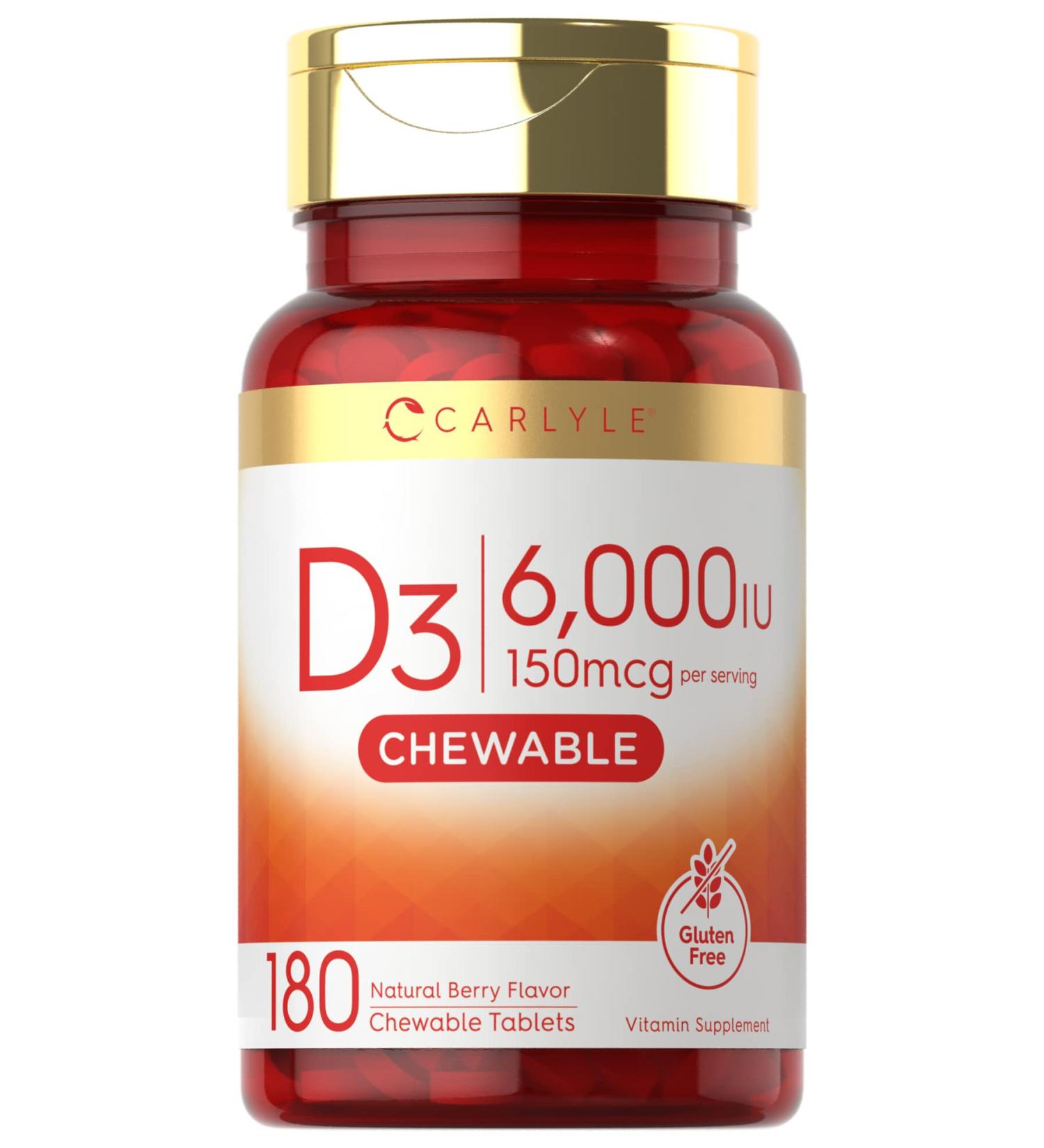 Carlyle Chewable Vitamin D3 6000 IU Tablets | 180 Count | Natural Berry Flavor | Vegetarian Non-GMO & Gluten Free - Buy Online on GoSupps.com