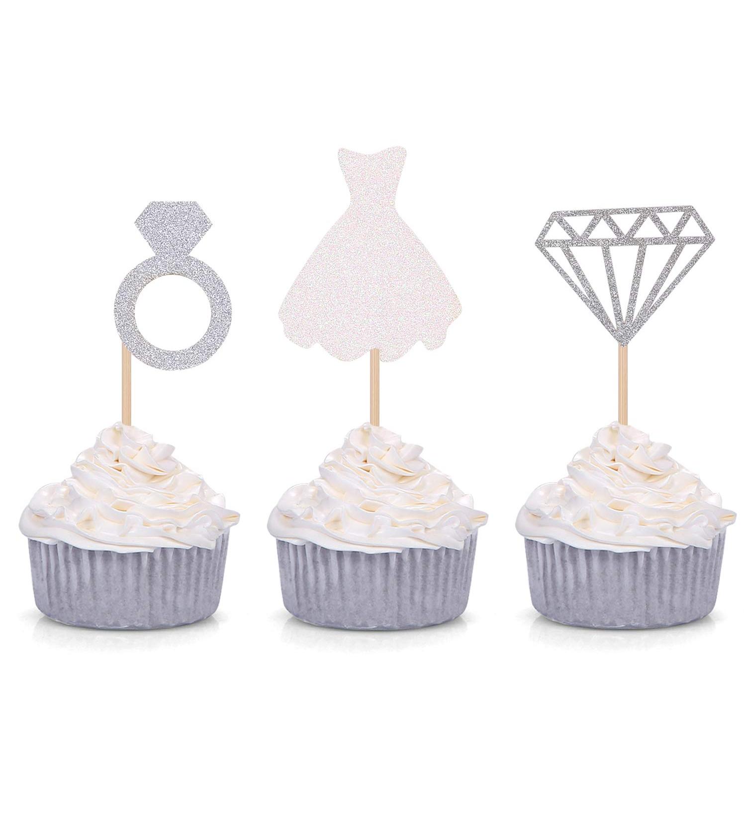 Set of 24 Glitter Diamond Ring Wedding Dress Cupcake Toppers for Engagement Bridal Shower Decorations (Silver)