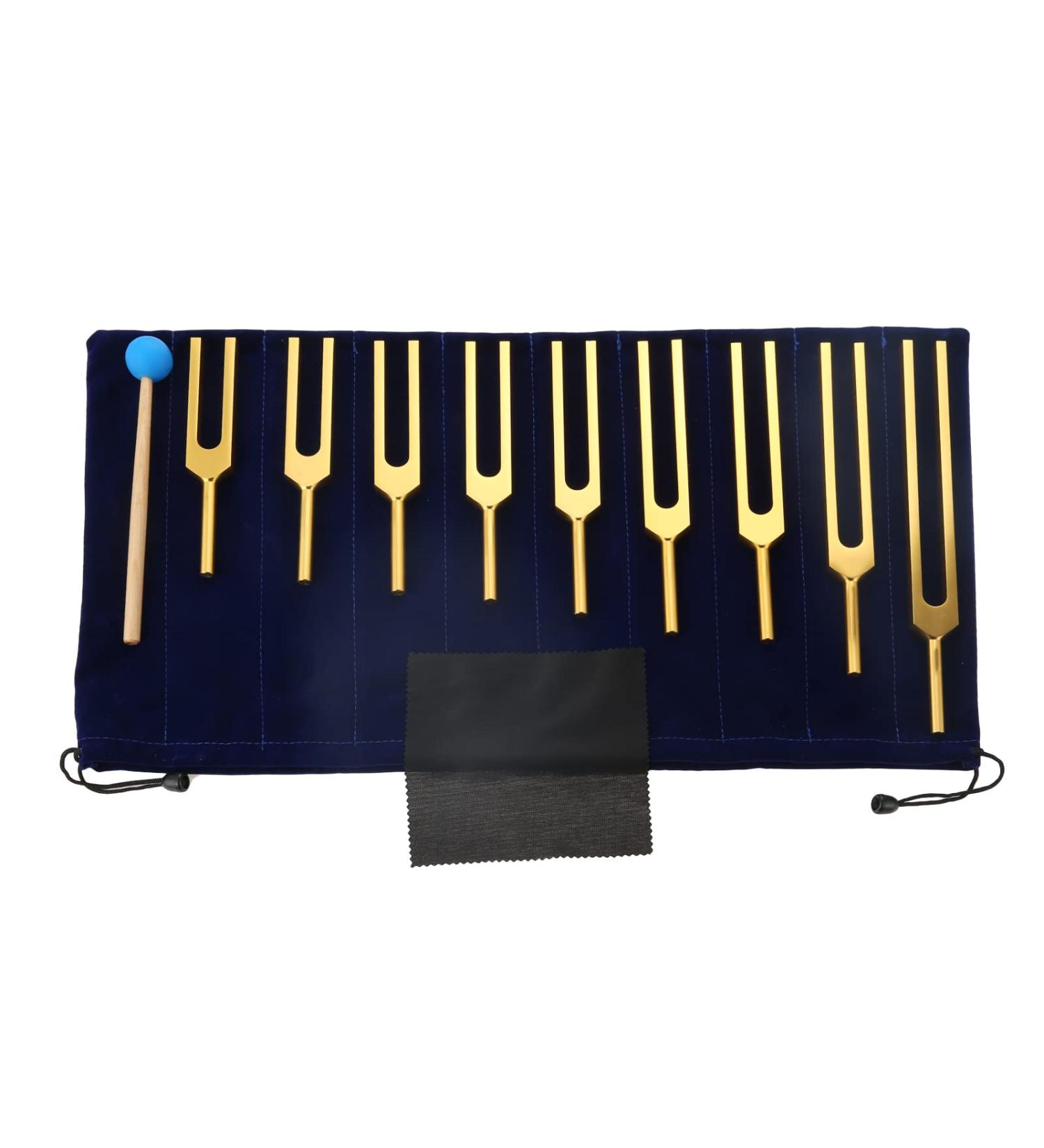 Dreld 9 Solfeggio Tuning Forks Kit - Healing Forks with Silicone Hammer and Bag for DNA Repair - Golden - Sound Therapy Musical Instrument - Buy Online on GoSupps.com