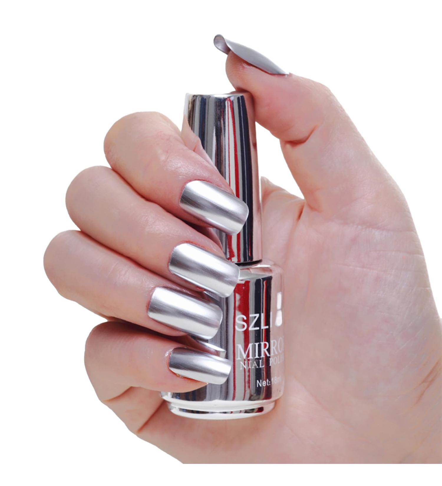 Metal Nail Polish Mirror Effect Quick Drying Metallic Effect Nail Art Polish Gel Nail Polish Silvery Nail Varnish Chrome Nail Art Polish No UV(Silvery) - Buy Online on GoSupps.com