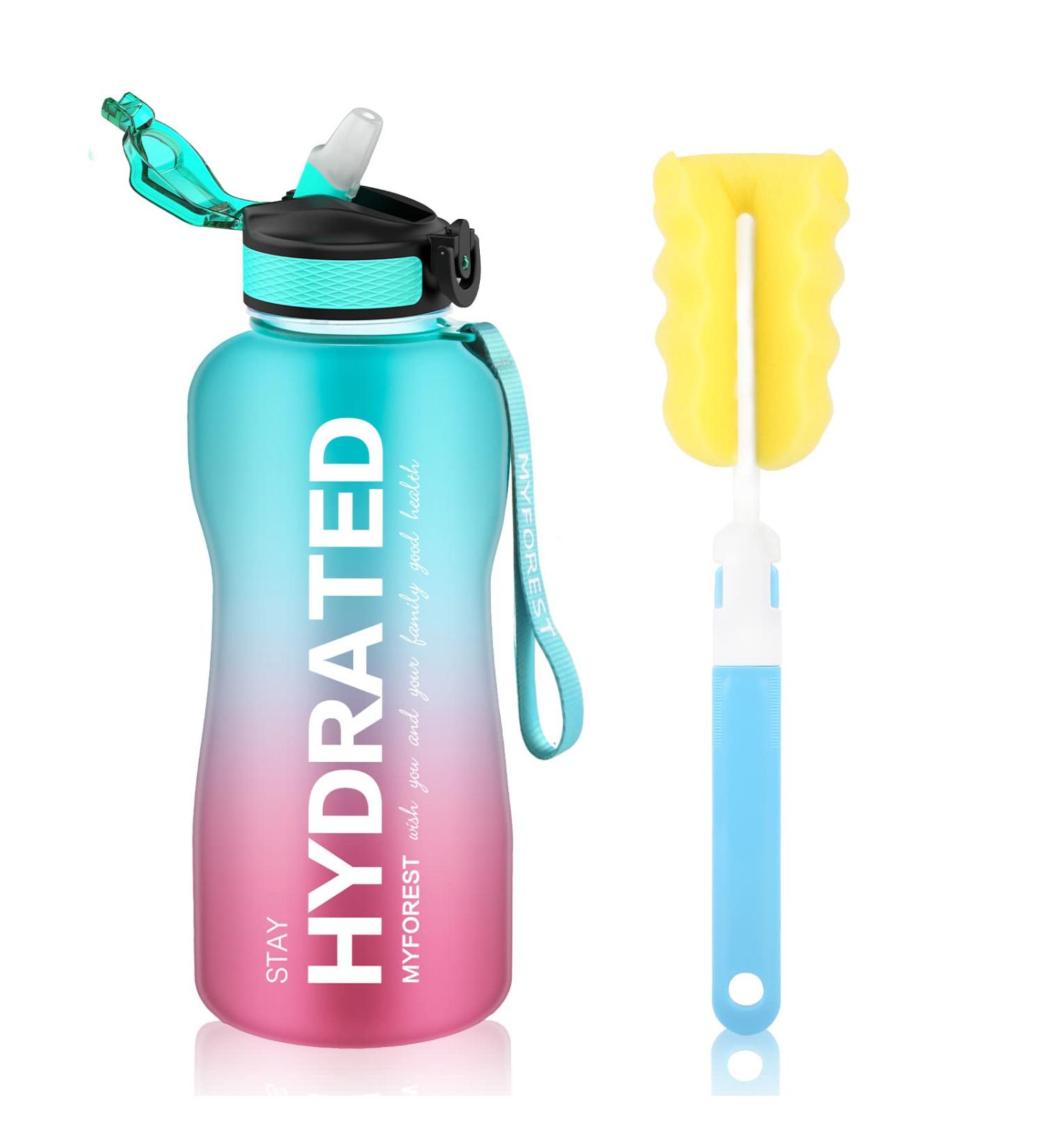 Myforest 2.2L Large Drinking Bottle - BPA-Free Time Marking Fall-Proof Folding Lock | 2200ml Cold/Hot Water Bottle in Cyan-Pink + Cleaning Brush - Buy Online on GoSupps.com
