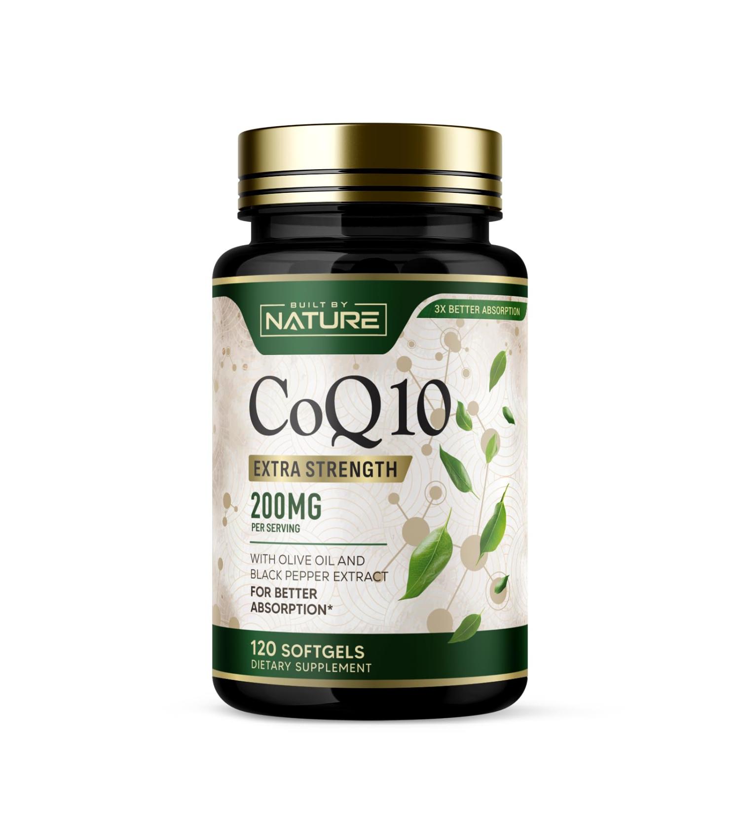 Built by Nature CoQ10 200 mg Coenzyme Q10 with Olive Oil and Black Pepper for High Absorption Supports Heart Health & Energy Antioxidant Supplement 2 Month Supply 120 Softgels - Buy Online on GoSupps.com